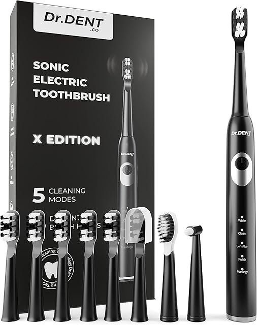 DrDent X Edition Sonic Electric Toothbrush - 8 Dupont Brush Heads - 5 Cleaning Modes with Smart Timer - Interdental and Tongue Cleaner Brush Head Included - One Charge Lasts 60 Days
