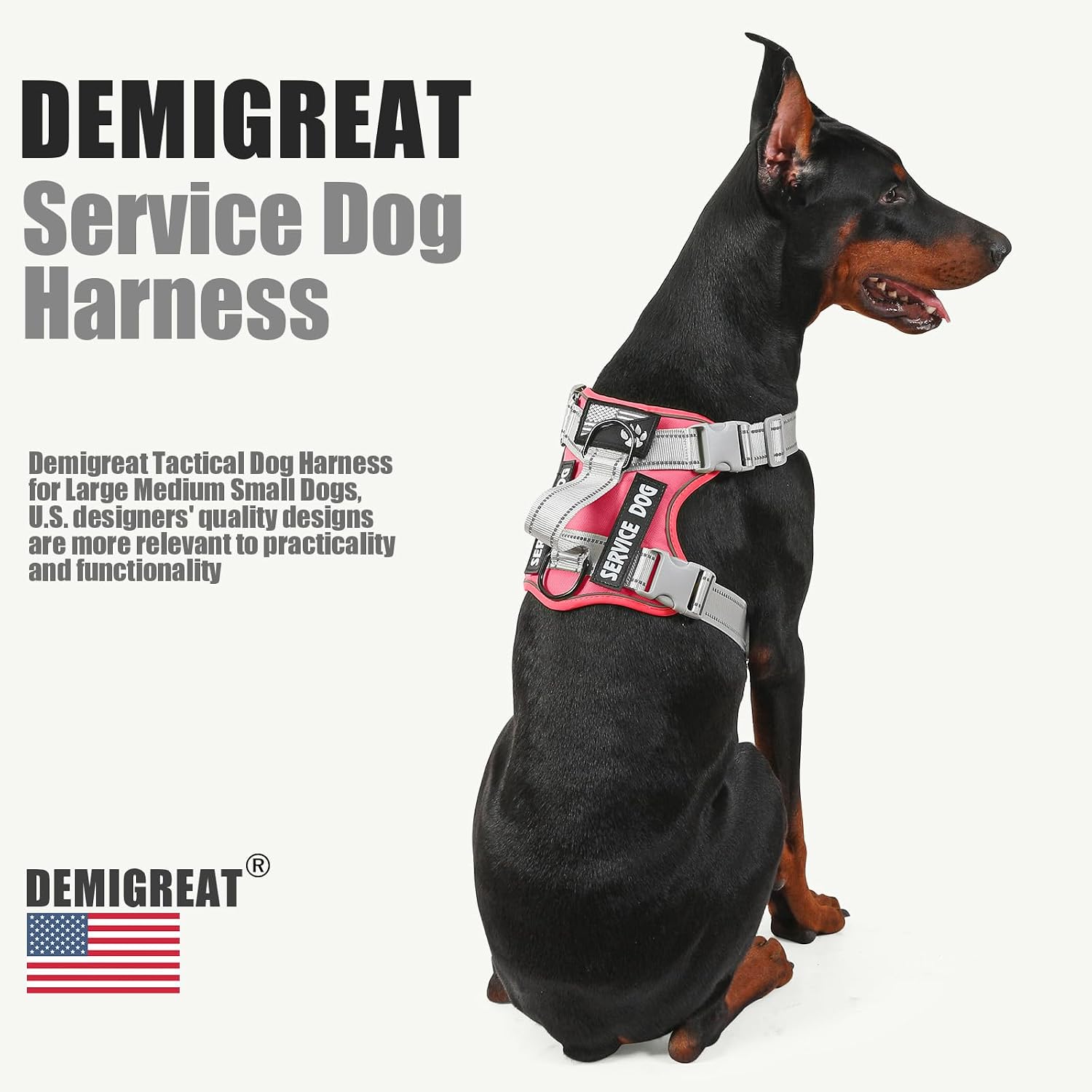 Demigreat Service Dog Harness, Reflective Dog Vest Harness with 5 PCS Patches, Adjustable Soft Oxford Pet Harness, Inner Layer Mesh, Easy to Control for Small Medium Large Dogs