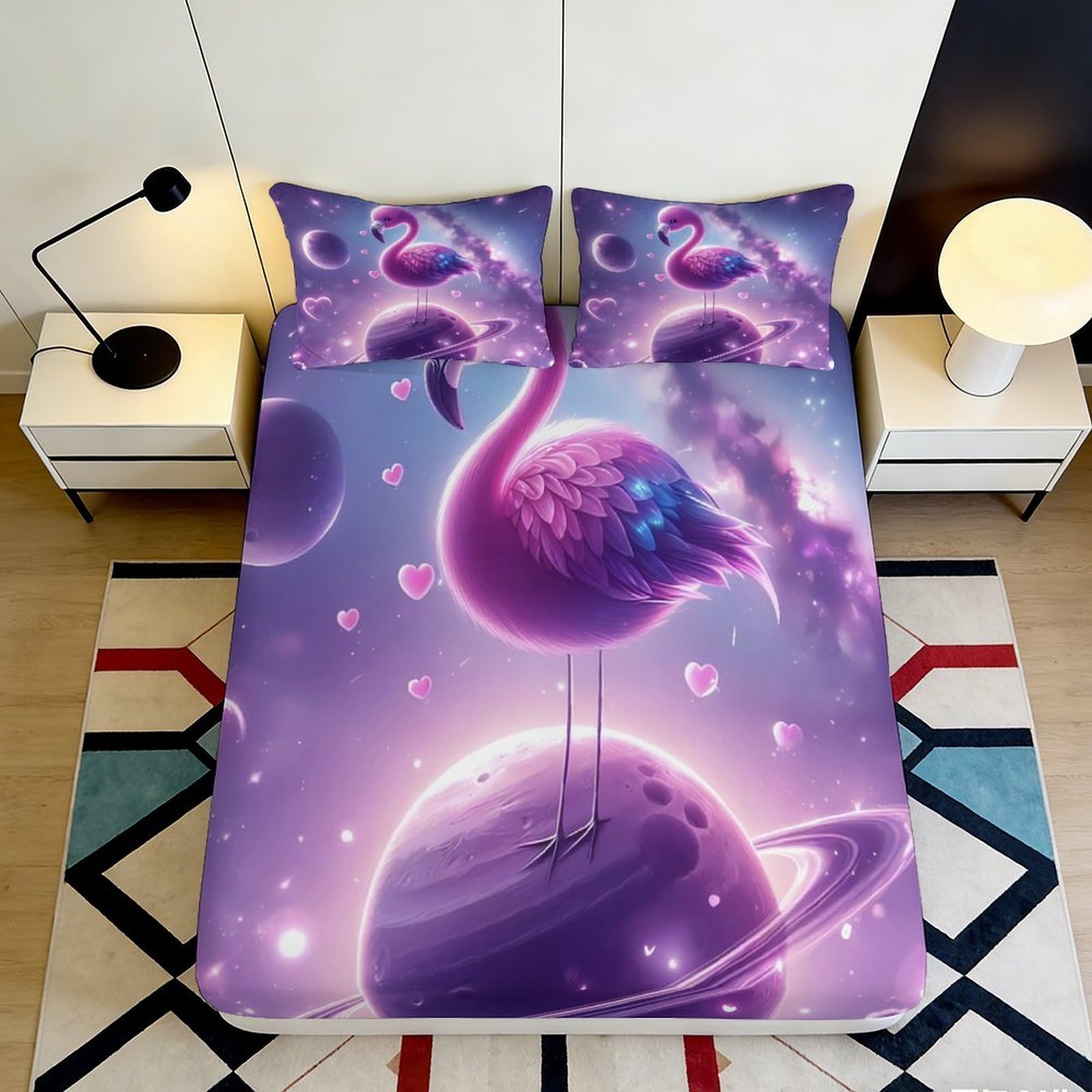 3D Printed Galaxy Flamingo Fitted Sheet Microfiber Deep Pocket Elastic Hem Bedroom Bedding Galaxy Flamingo Mattress Fitted Cover Washable 200x200x25cm