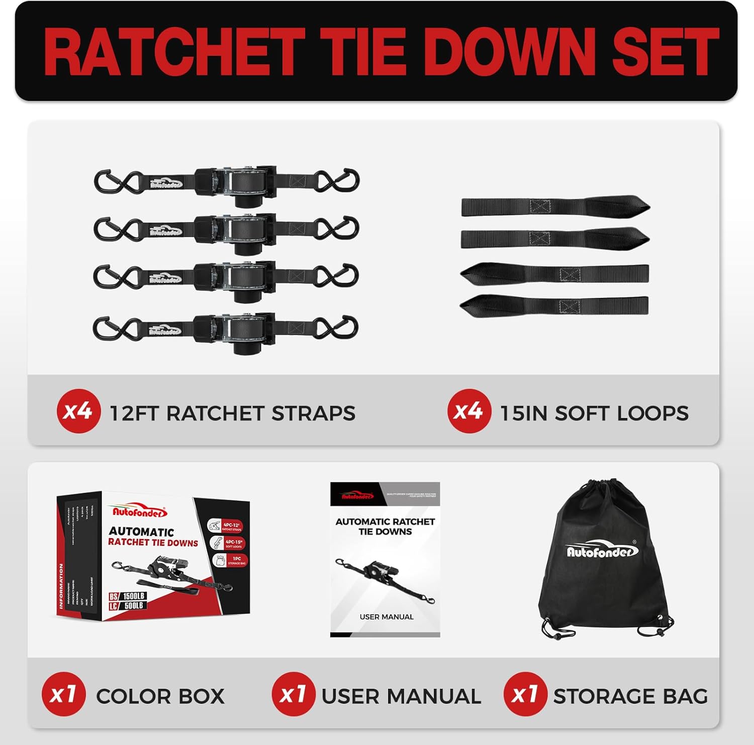 Retractable Ratchet Straps with Soft Loops (4 Pack)-(1,500lb Break Strength)-1 Inch x 12 Feet Heavy Duty Auto Self Retracting Tie Down Strap for Truck, Cargo Trailer, Motorcycle, Rad & More - Image 6