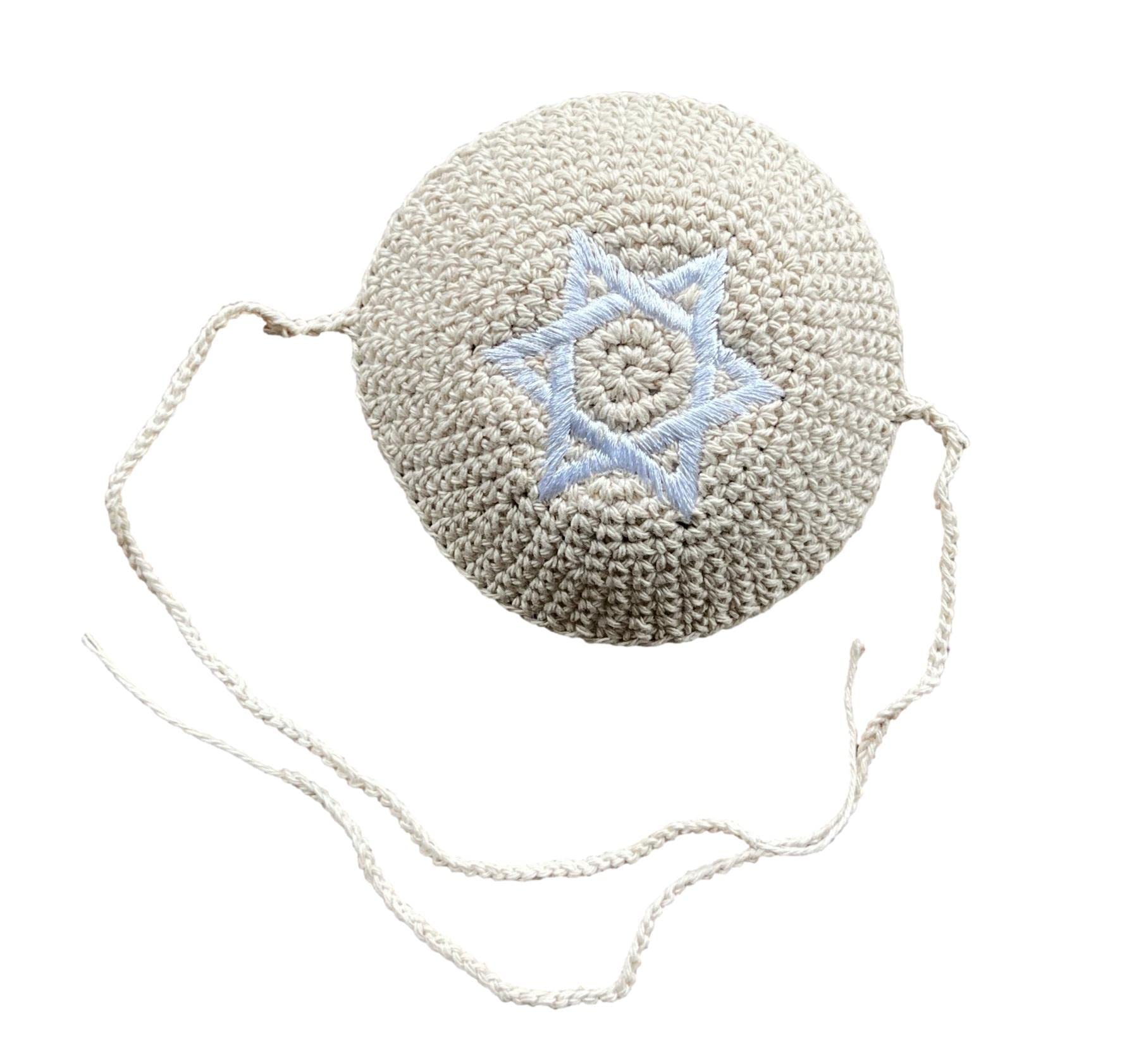 Romy & Rosie Newborn Cotton Crochet Brit Milah Yarmulke/Kippah with Ties/Baby Size 4.25 inch (Natural with White)