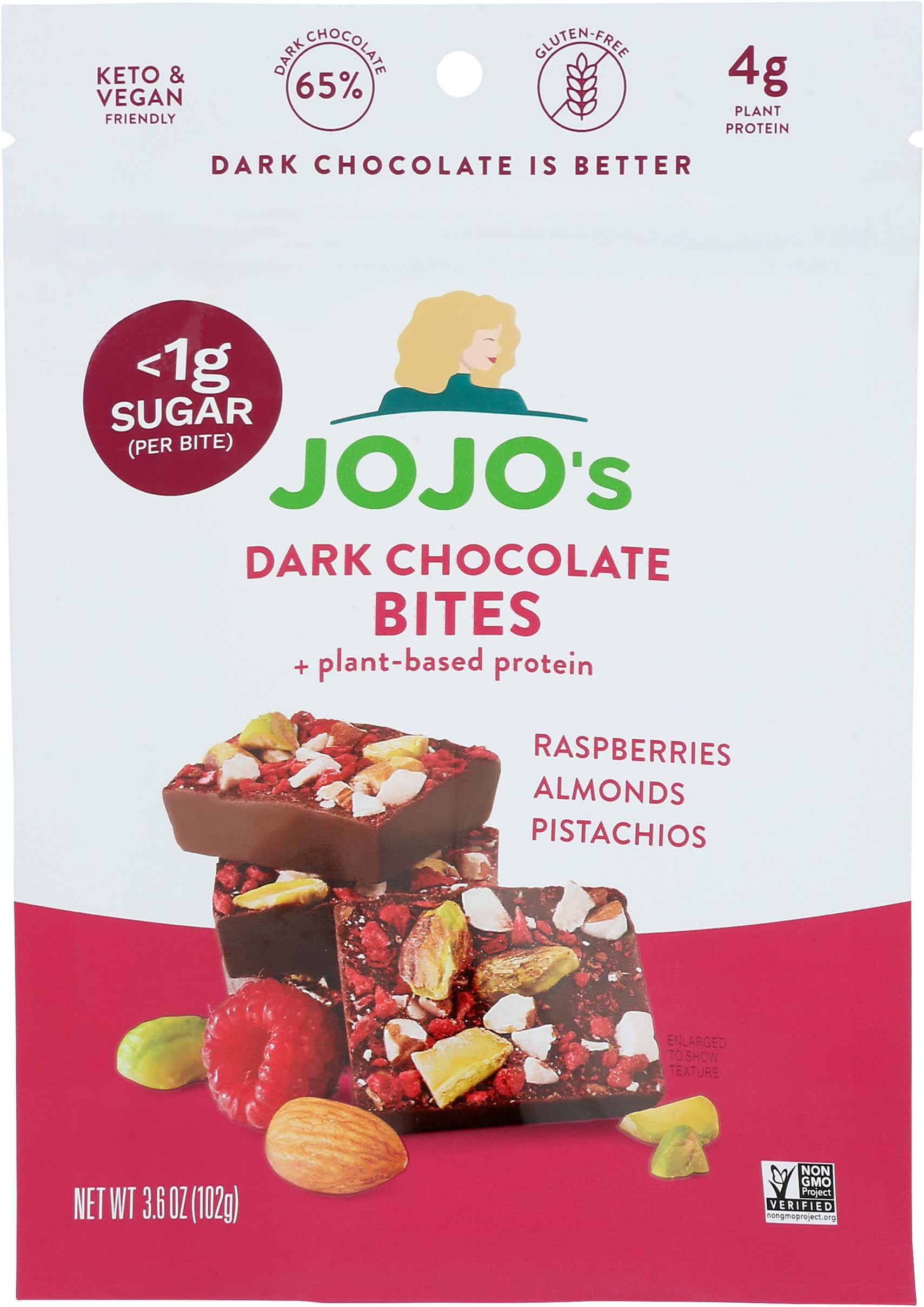 Jojos Chocolate 64% Dark Chocolate Raspberry Dream Bites with Pistachios, Almonds and Cranberries, Keto friendly, Gluten Free, Soy Free, 3.9 Ounce (Pack of 6)