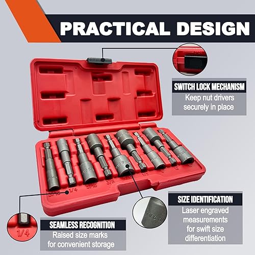 Miniatura 4 de Juego de 9 destornilladores y tuercas antideslizantes para taladro de impacto Juego de brocas de cabeza hexagonal de 14 pulgadas (SAE 316", 14",