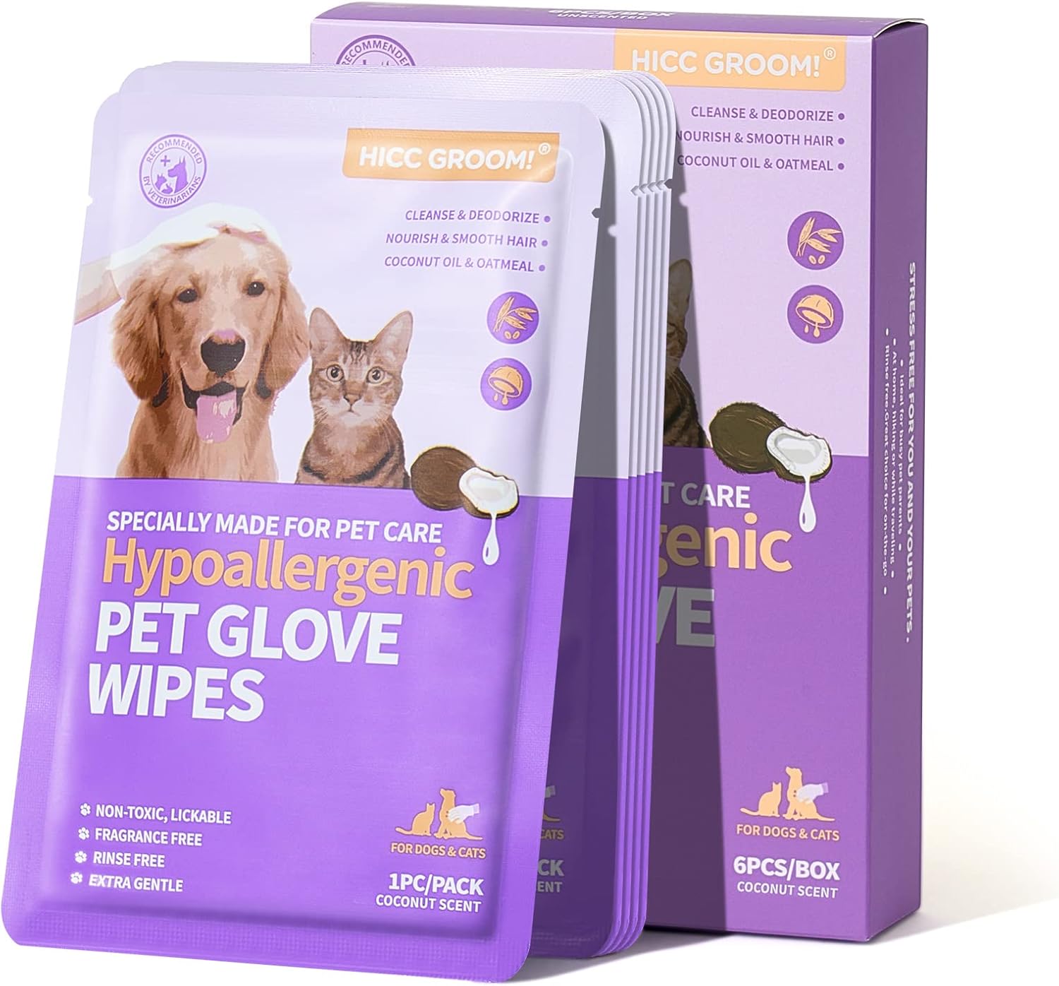 HICC GROOM! Hypoallergenic Pet Glove Wipes for Dogs and Cats, PlantBased Coconut