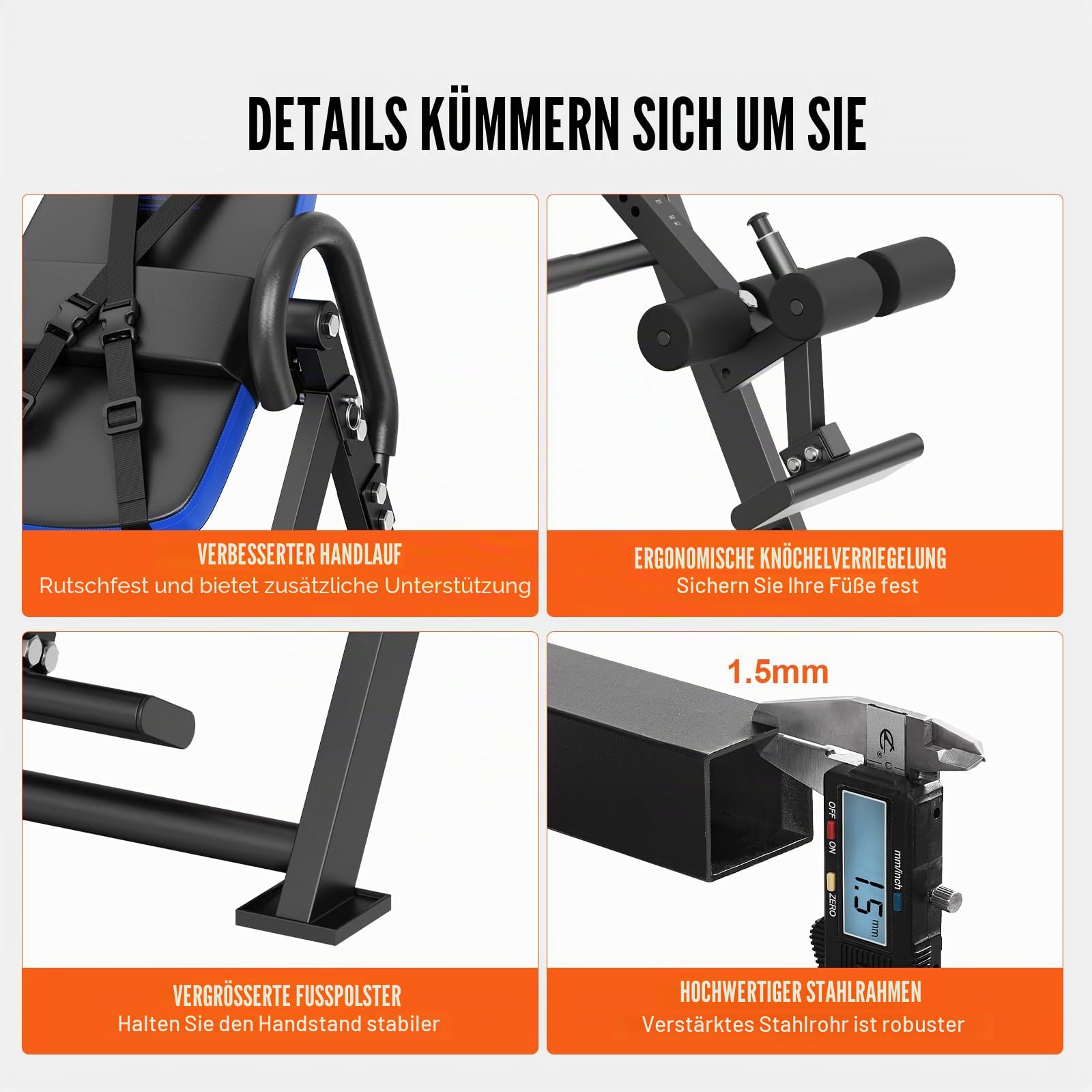 VEVOR Inversionstisch Inversionsbank, 136 kg belastbar, Multifunktionsgerät, Rückentrainer, klappbares Krafttrainingsgerät mit Kopfstütze, Knöchelverriegelung, verstellbarem Schutzgurt, Blau/Schwarz