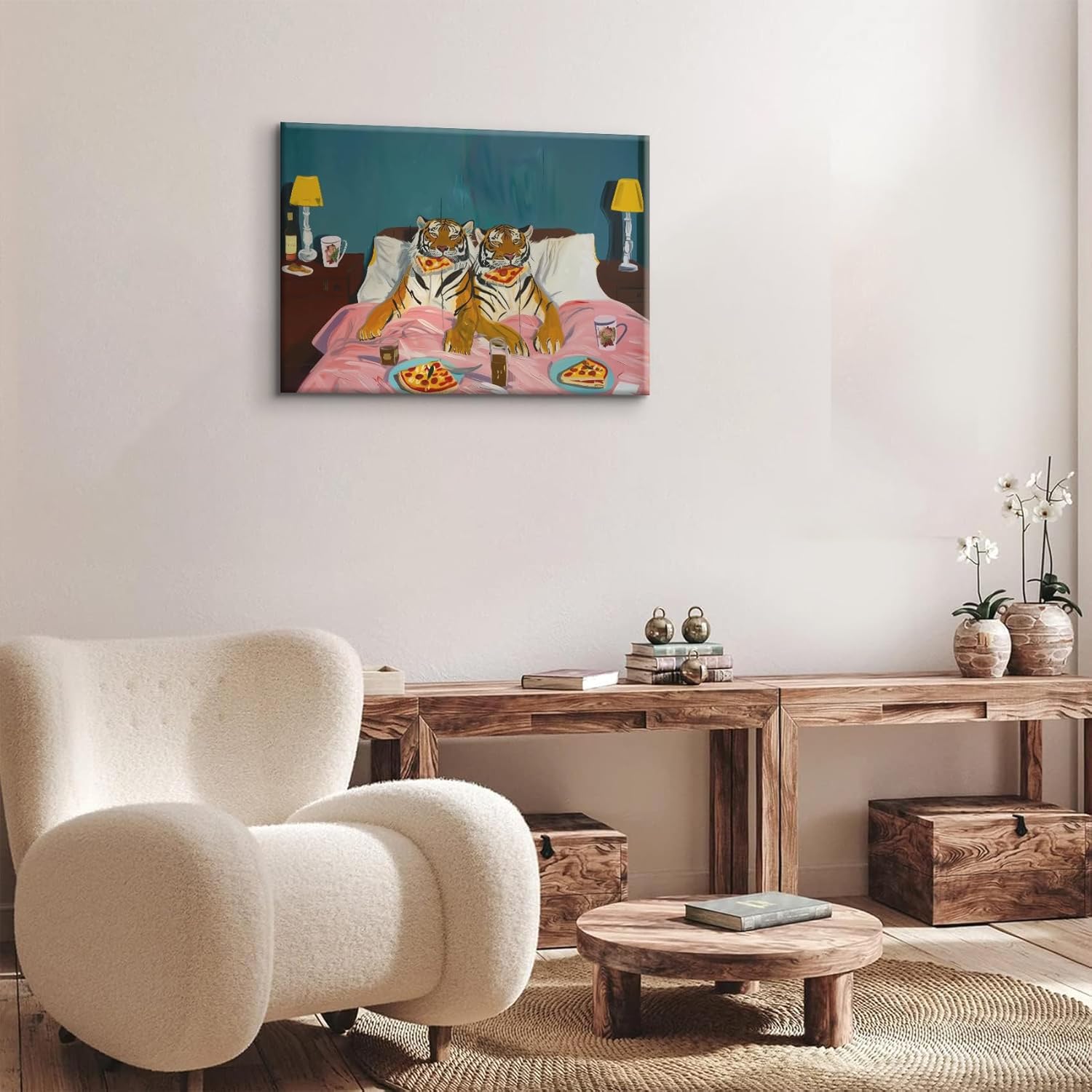 LSXARTQQ Funny Tiger Eating Pizza in Bed Wall Art Vintage Fun Tigers Couple Canvas Wall Decor Maximalist Blue Pink Jungle Animal Paintings Eclectic Whimsical Bedroom Picture Print(16x24inch)