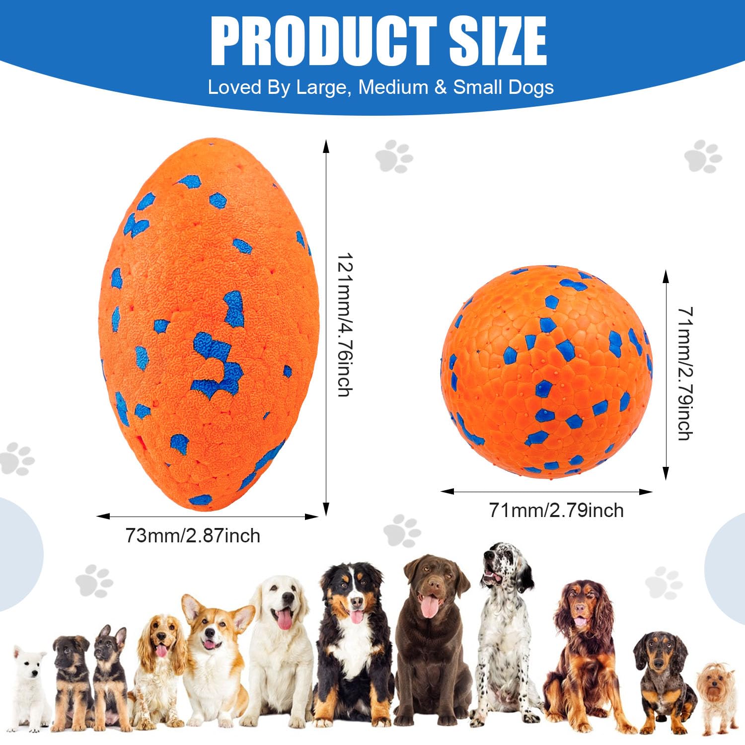 2 palline per cani, da rugby per cani, robuste, interattive, sicure e atossiche, indistruttibili, per cani di taglia media e grande, arancione