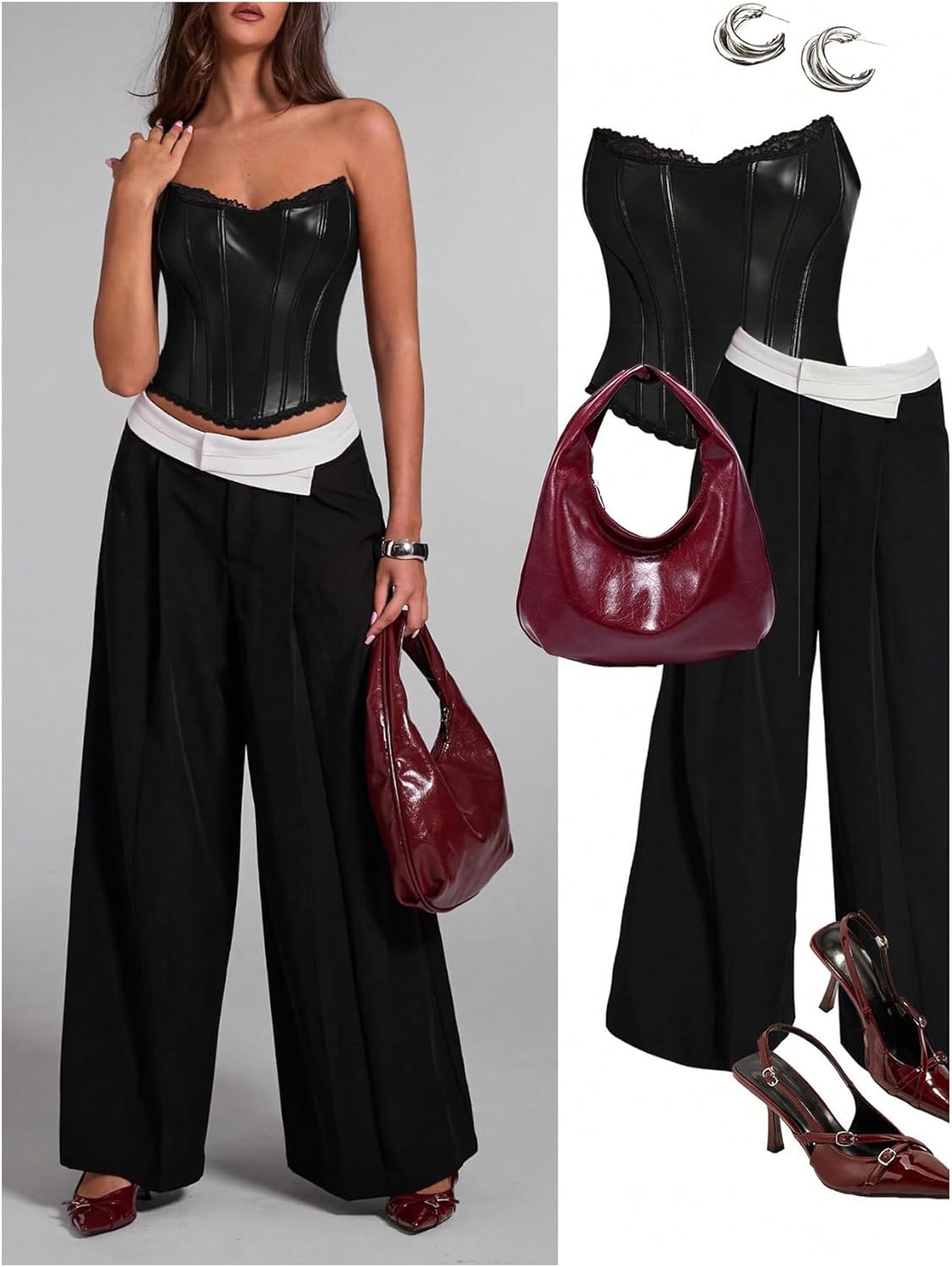 WDIRARA Women's PU Leather Corset Tube Top Lace Up Back Strapless Bandeau Bustier Crop Tops - Image 5