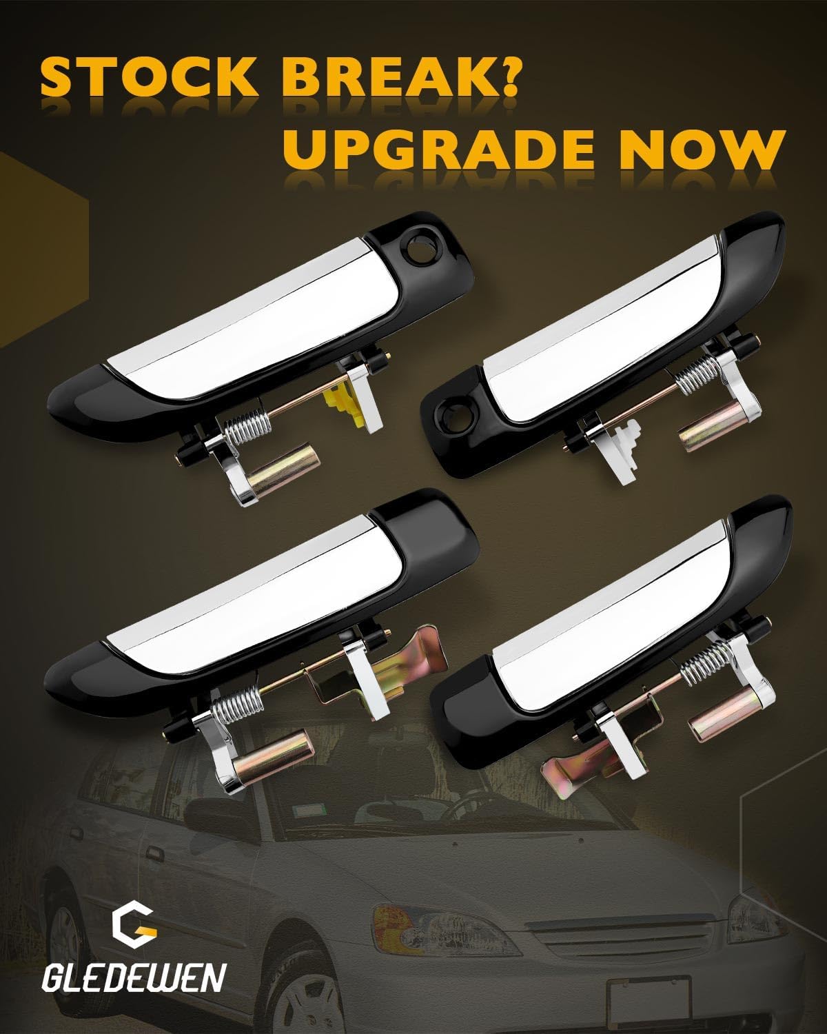 Outside Door Handles w/ Lock Cylinder & Key, Compatible with 2001-2005 Honda Civic, Exterior Front & Rear Left Driver & Right Passenger Side Door Handle Set w/ Chrome Lever, Replace# 72680S5DA0, 4PCS