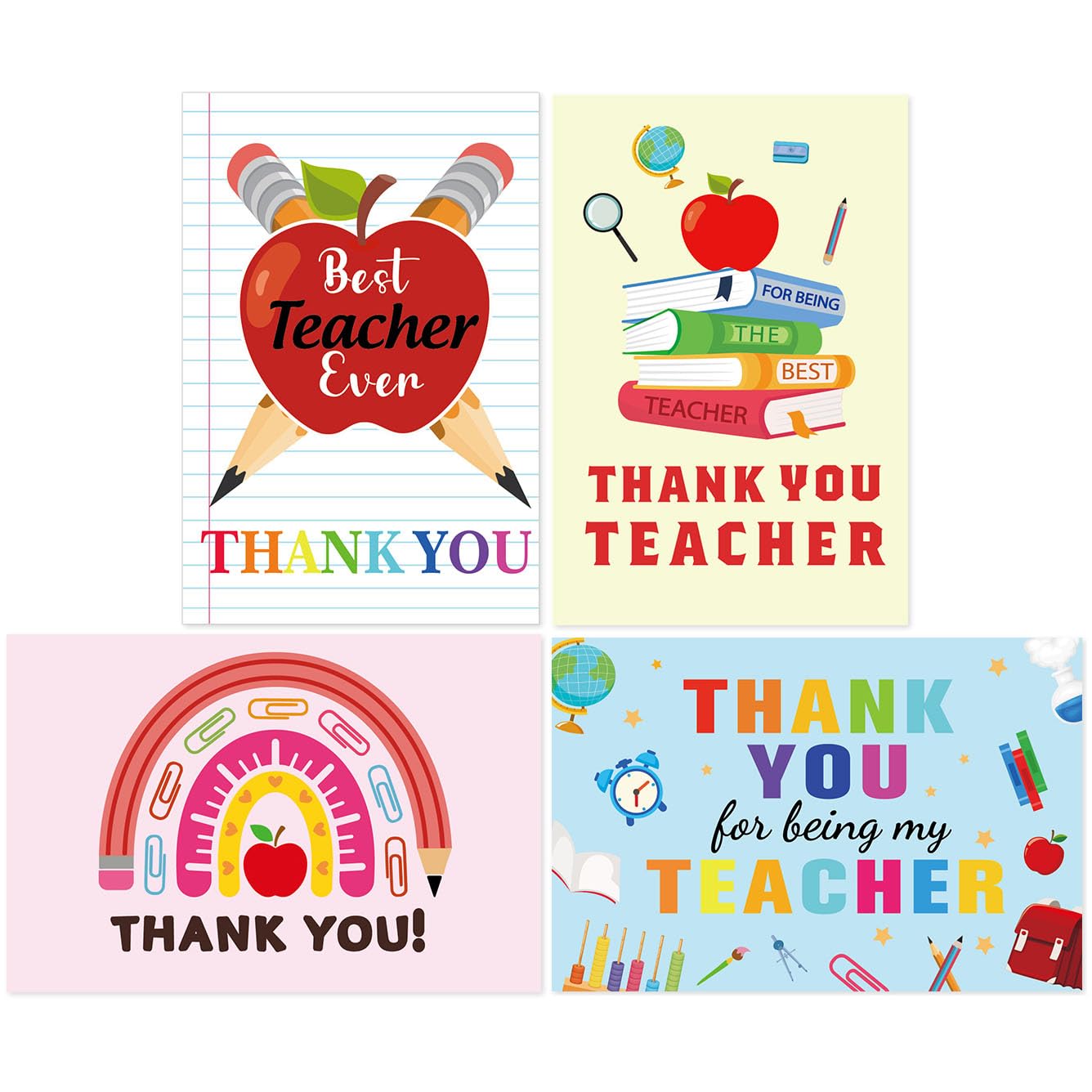 NEWEST 24 Pieces Teacher Thank You Cards, Colorful Teacher Appreciation Cards with Envelope & Sticker Cute Thank You Teachers Note card for Teacher's