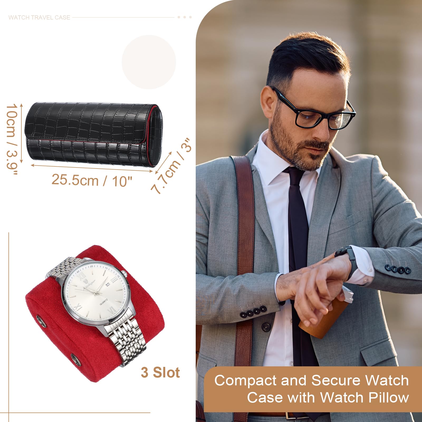 Custodia da viaggio per orologio da uomo in pelle con motivo coccodrillo, astuccio arrotolabile per orologio, scatola portaoggetti portatile per orologio, ideale per Natale, compleanno e anniversari