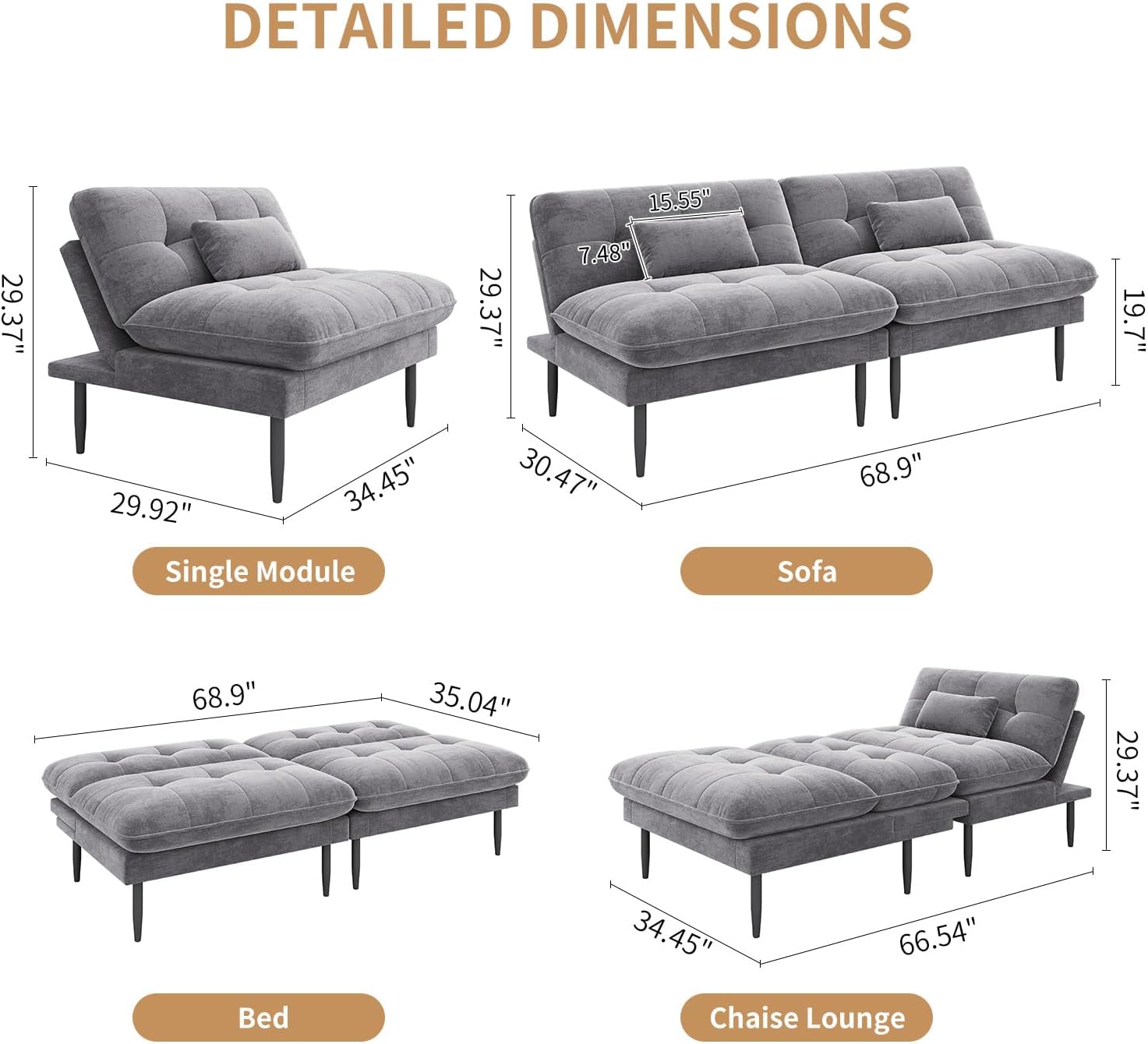 NEDYO 70 inch Convertible Futon Sofa Bed, Velvet Sleeper Sofa with Adjustable Backrest, Thick Fill and Convertible Modules, 4 in 1 Loveseat Couch for Living Room, Grey