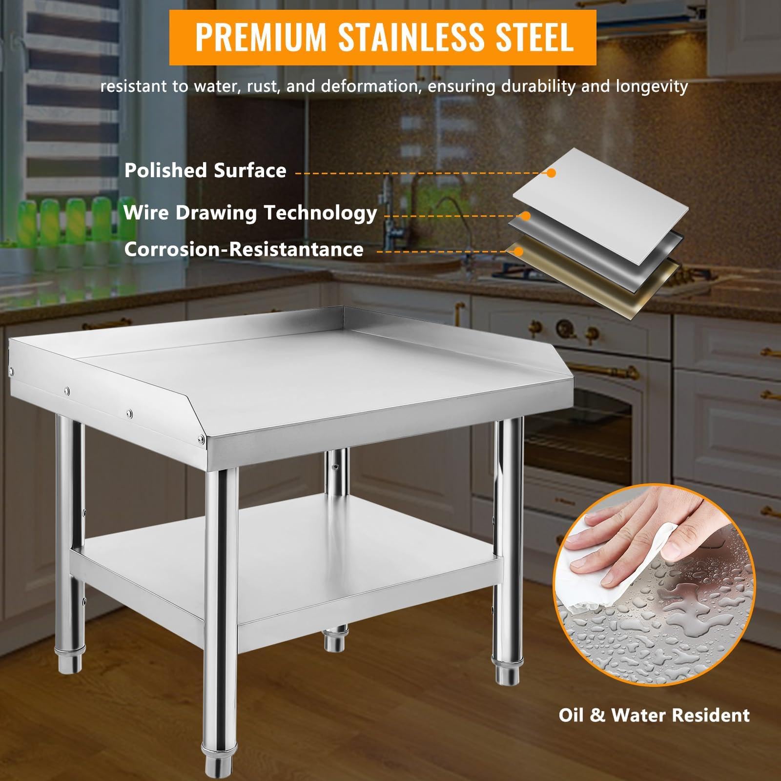 Heavy-Duty Stainless Steel Grill Stand Table - 48x28x24 inch, 1000 lbs Top Shelf, 220 lbs Bottom Shelf, Adjustable Legs, 2