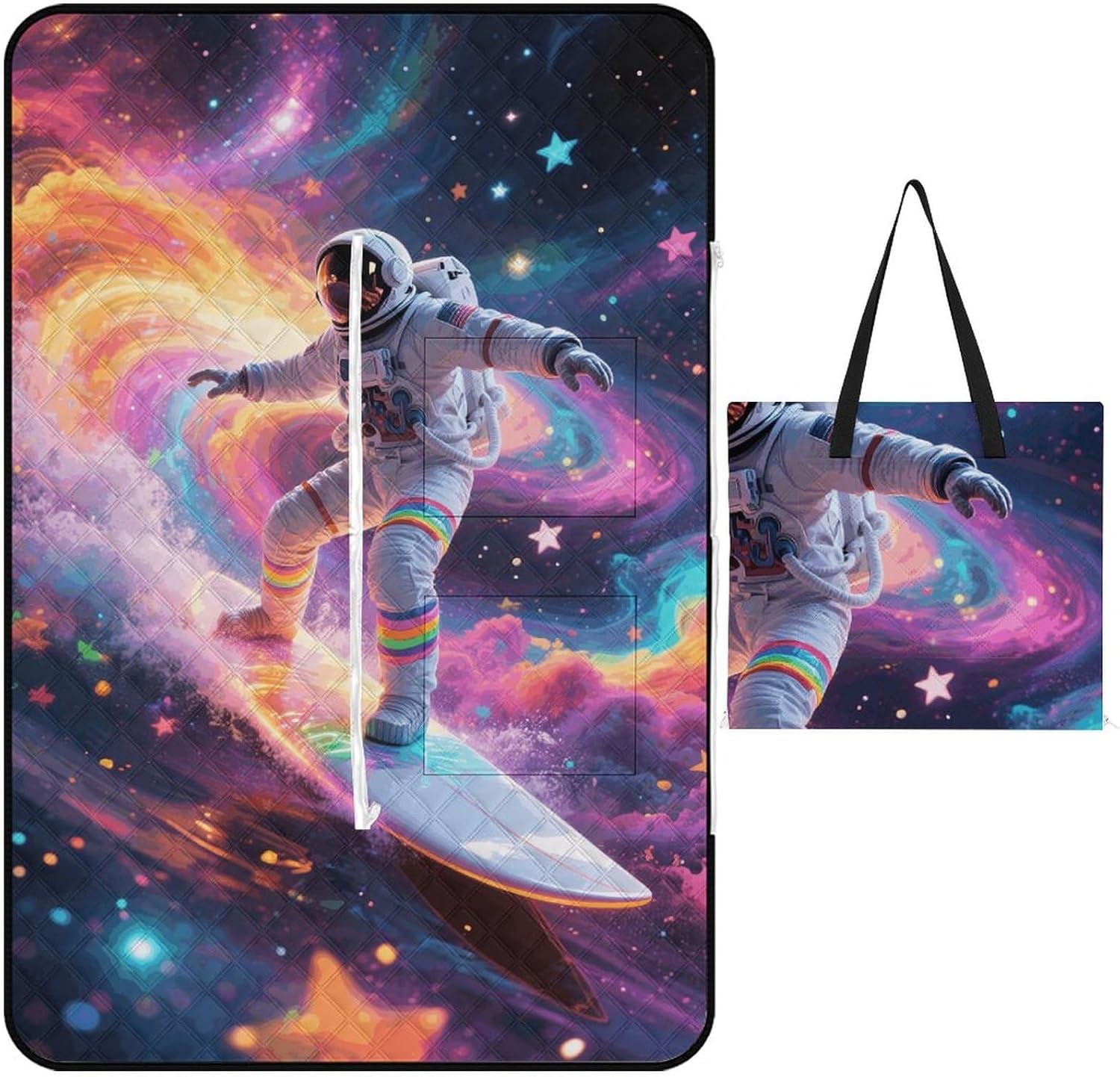 Colorful Astronaut Picnic Blanket 150x150cm, Foldable 2-in-1 Picnic Mat and Tote Bag Portable Waterproof Beach Mat Sandproof Outdoor Blanket for Park, Hiking, Beach, Camping, Travel