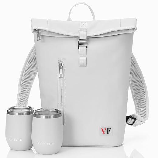 Two Bottle Rolltop Wine Tote Bag – Stylish PU Leather Backpack with Matching Tumblers – Wine Carrier with Padded Straps and Compartments for Travels & Picnics (Gray)