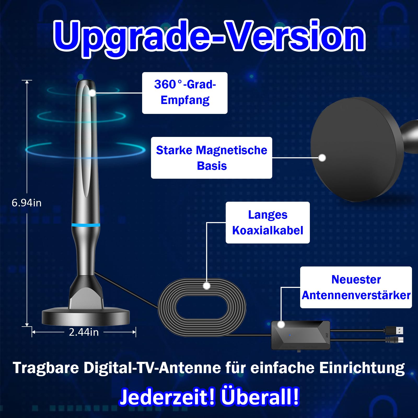 Antena DVBT2, antena DVB-T y DVB-T2 con amplificador, gran alcance y recepción de 360°, antena interior para televisores con base magnética fuerte, adecuada para 4K 1080p y todos los televisores