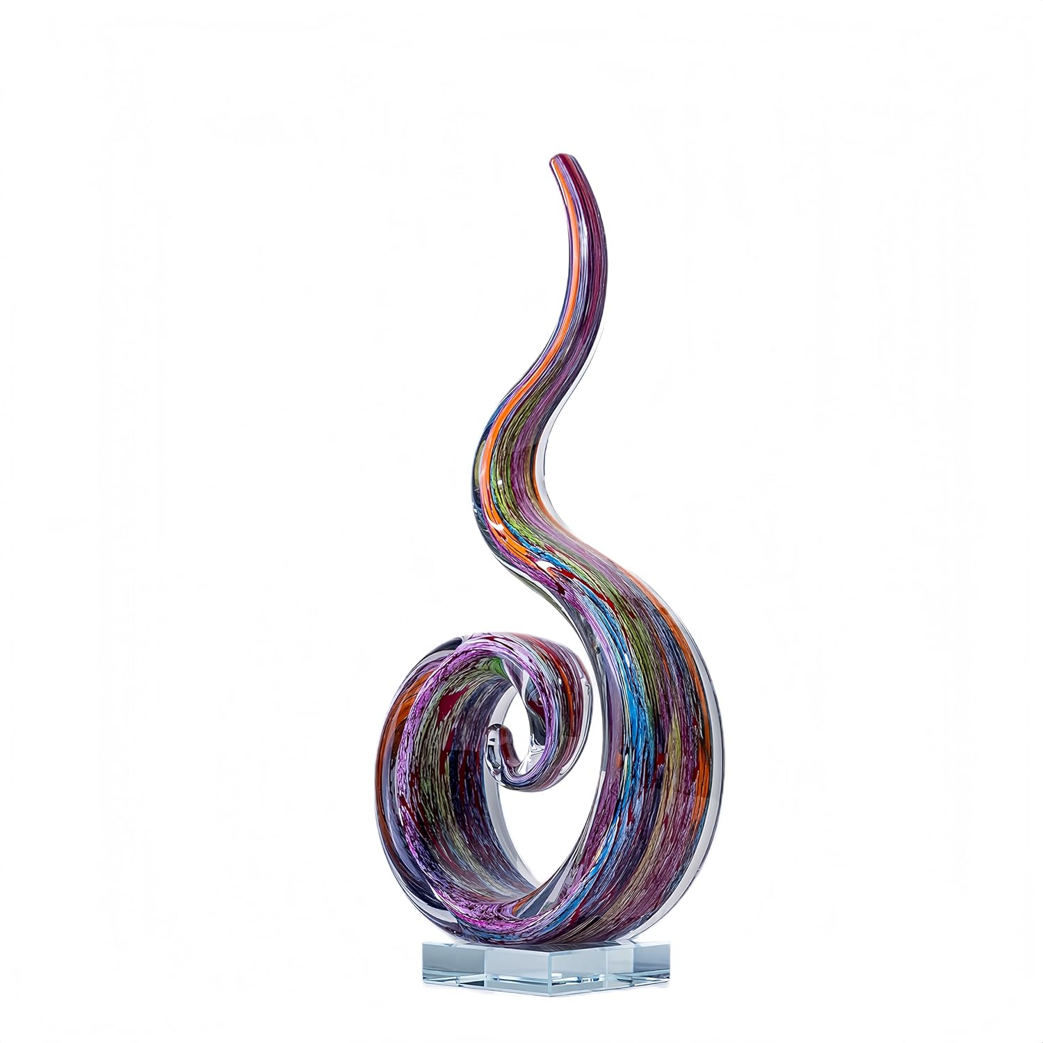 14in Hand Blown Murano Style Spiral Flame Glass Sculpture Home Decor | crystal base, indoor outdoor display, weatherproof build, vibrant gradient hues, collectible art gift,...