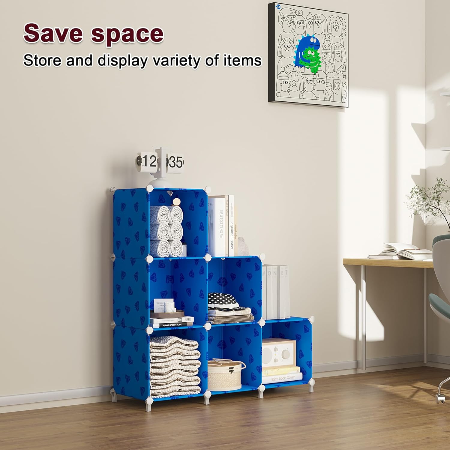 UNKU Cube Storage Organizer, 6 Cube Closet Organizer Storage Shelves, DIY Stackable Bookcase, Clothes Organizer Shelf for Closet, Bedroom, Living Room, Cabinet, Home, Office, Dark Blue