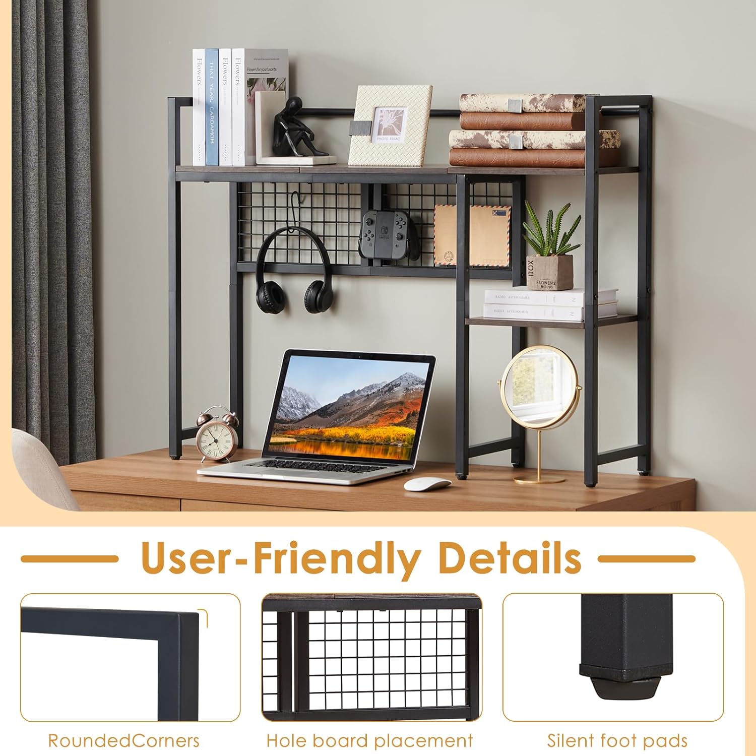 4-Tier Desk Hutch Shelf with Grid Panel, 39” Desktop Bookshelf for Monitor, Office & Home (Rustic Brown, 39")