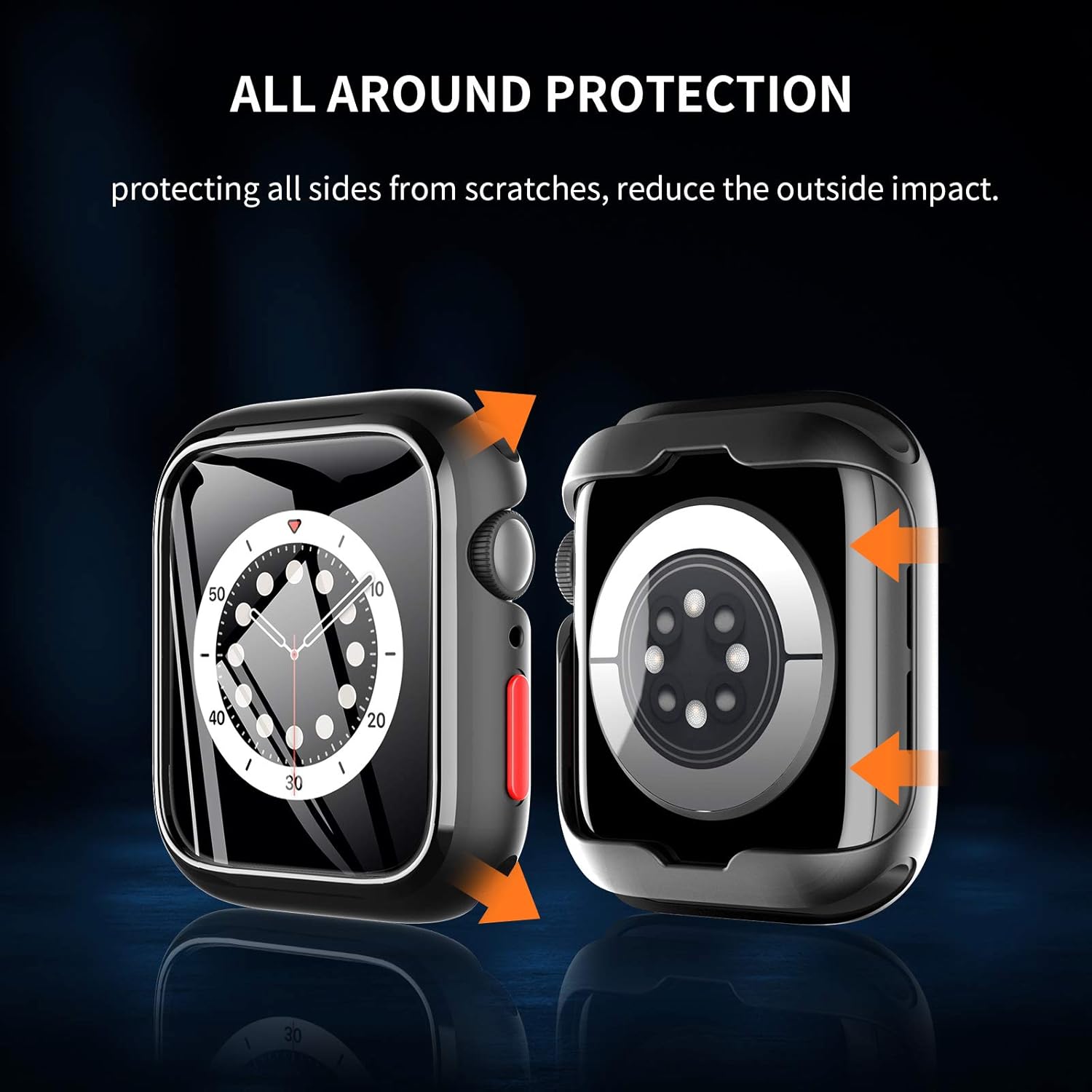 KKM 2 Pack Case bulit in Tempered Glass Compatible with Apple watch Series 6 Series 5 Series 4 44mm, Replaceable Four-Colored Buttons, Ultra-thin Silicone Shell , All-round Protective Cover - Black