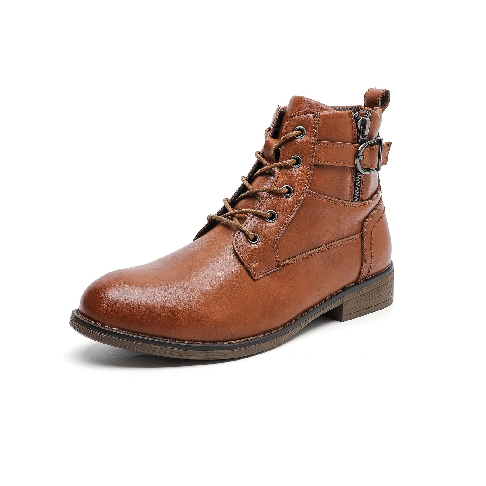 MEMON Women's Fashion Ankle Booties Side Zipper Lace up Black Combat Boots Casual Low Heel Platform Boots