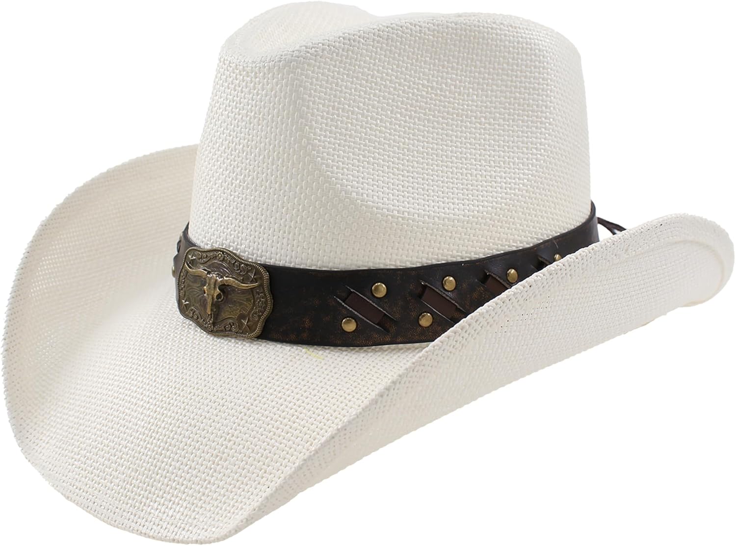 Western Cowboy Hat with Bull Buckle, Adjustable Unisex Straw Hat for Rodeos, Ranch, Summer and Festivals