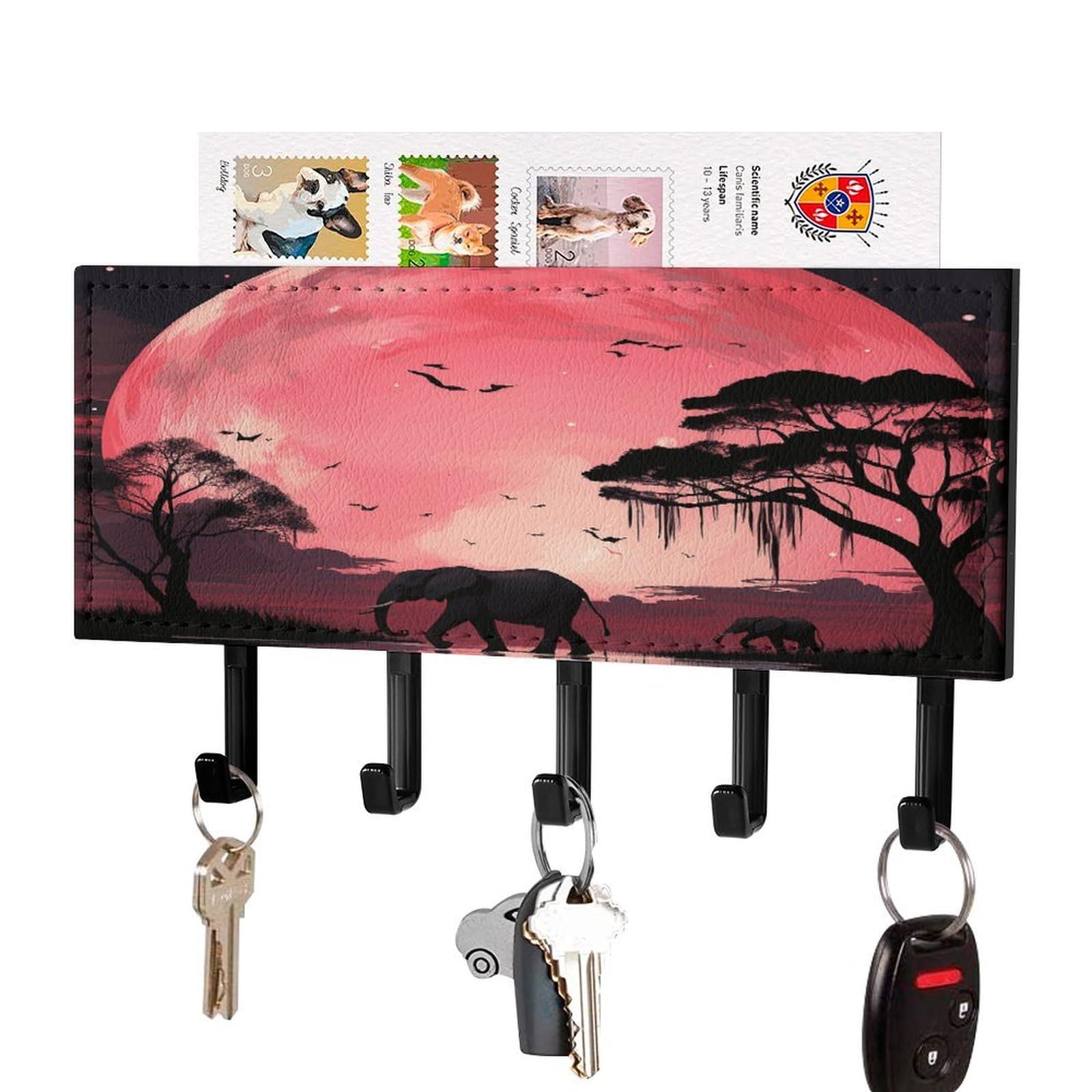 Fekiloot Black-Style Pink Moon Elephant Key Holder For Wall Decorative Mail Organizer With 5 Key Hook Self Adhesive Key Rack With Tray Coat Rack Wall Mount Key Hanger Decor For Entryway Door