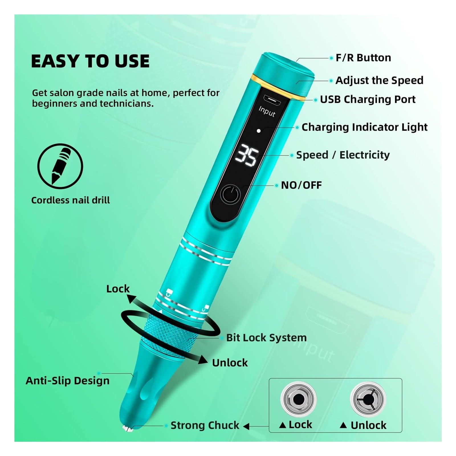 Nagelfräser, 35000RPM Elektrische Nagel Bohrer Maschine Cordless Wiederaufladbare for Gel Polieren Stift Salon Ausrüstung(35000RPM Green Set)