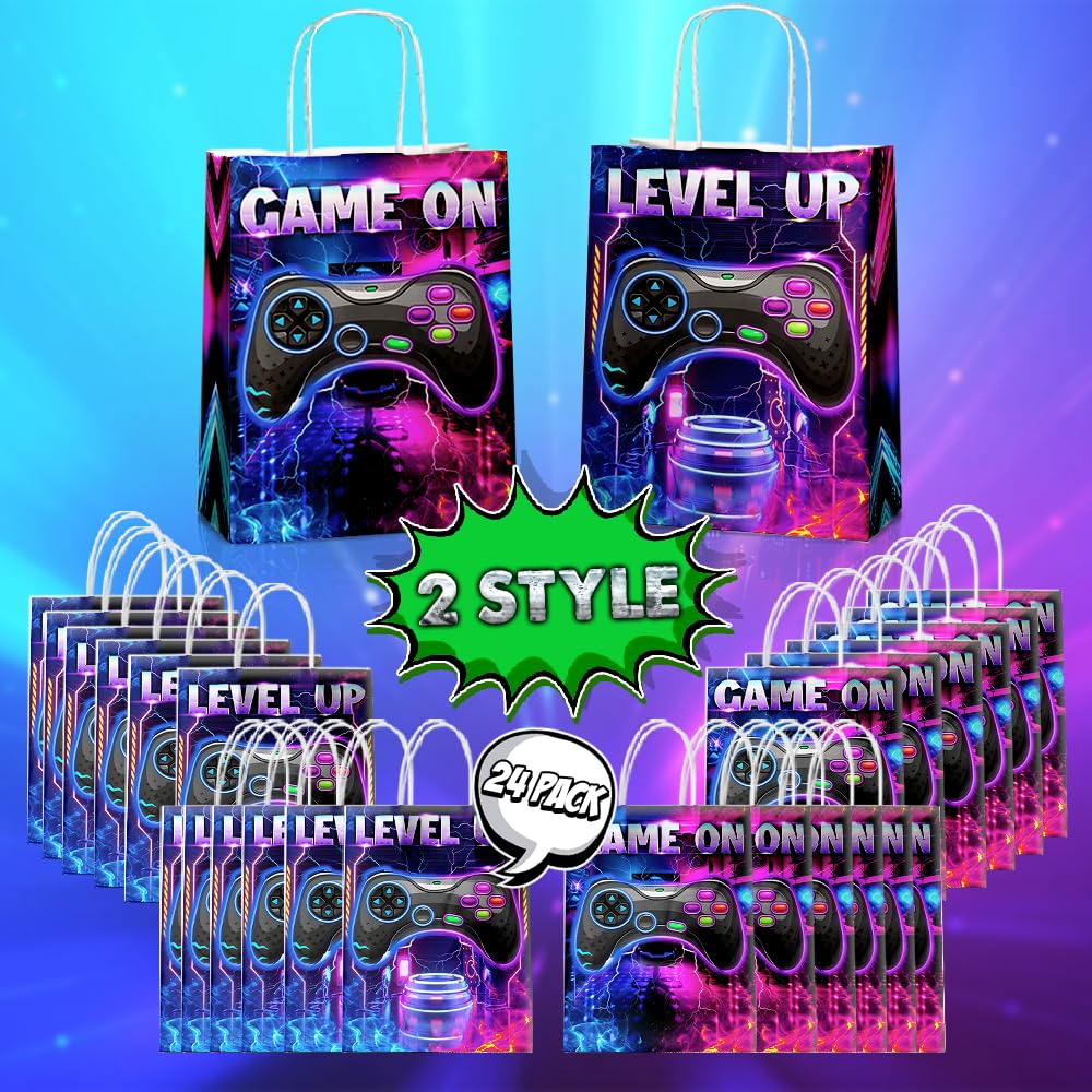 JOYGATHER 24 bolsas de recuerdos de fiesta de jugadores con asas, bolsas de regalo de videojuegos, bolsas de regalo, bolsas de dulces con 2 tipos diferentes, bolsas de papel kraft para juegos para