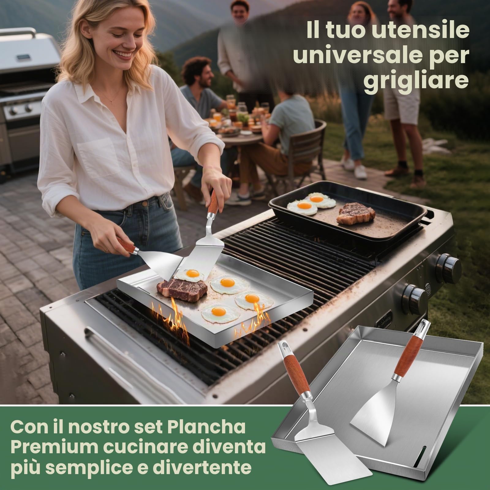 Set Plancha Premium con spatola per barbecue, 30 x 40 cm, in acciaio inox, universale, per barbecue a gas e barbecue a carbone, in acciaio inox, 4 mm