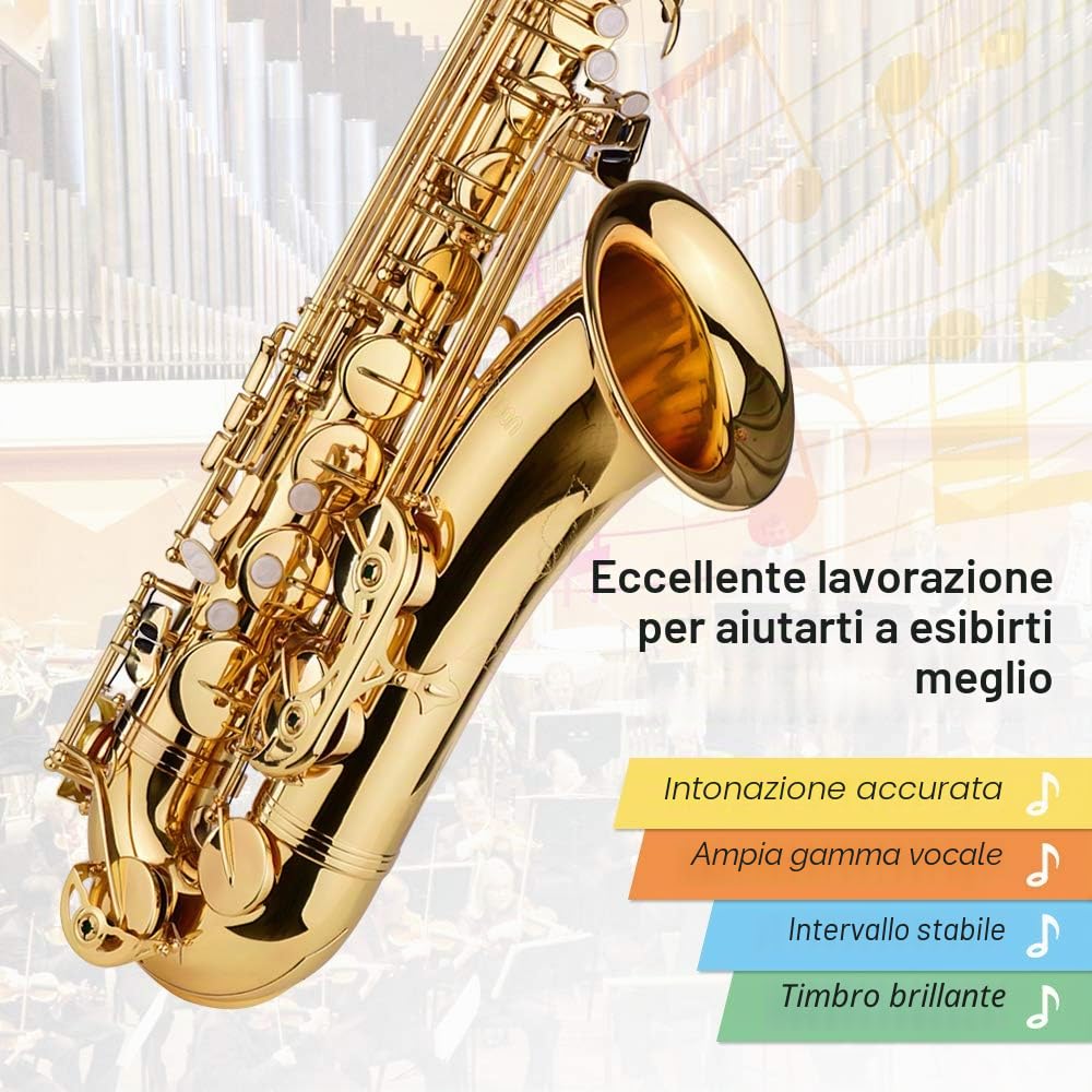 Sassofono Tenore, Strumento di Sax Tenore Golden B Golden B Piatto per Studenti per Principianti con Guanti di Trasporto Pulizia del Briciolo Cnocchia di Sax Boccaglio