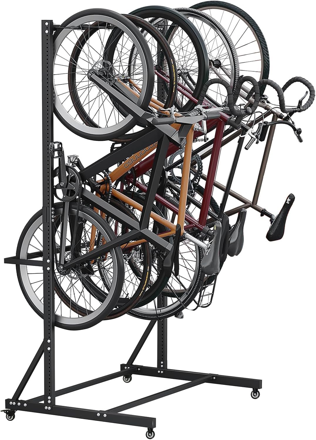 Support de vélo sur pied pour 5 vélos avec roulettes, réglable en hauteur de 1,2 à 2 m et largeur réglable, support de vélo en acier robuste 150 kg, 4 roulettes pivotantes (2 verrouillables