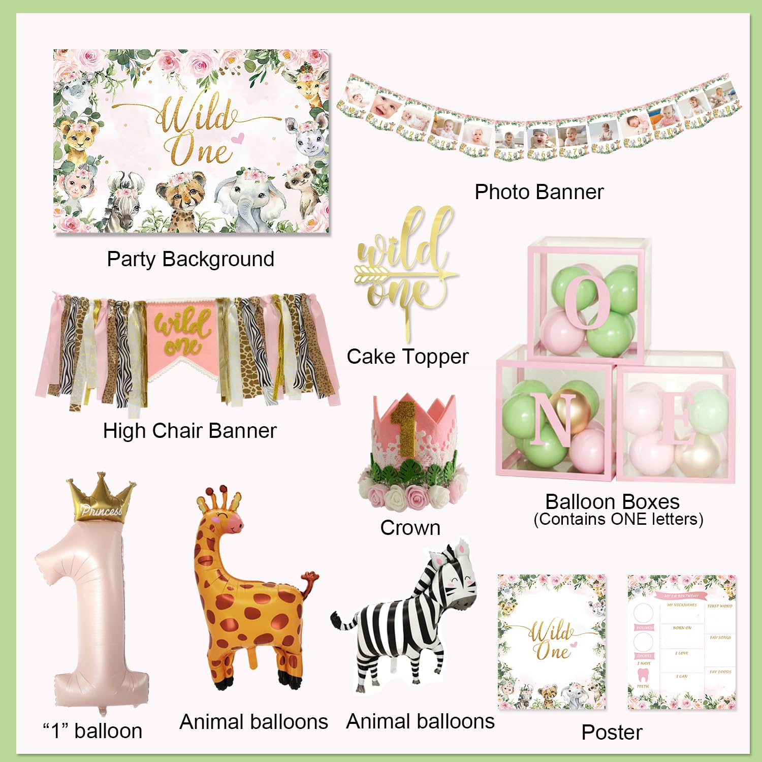 Wild One Birthday Party Decorations for girls, First Decorations Including Balloon Boxes, Pink Gold Balloons Garland Arch Kit?Party Backdrop, High Chair Banner, Crown, Photo Banner