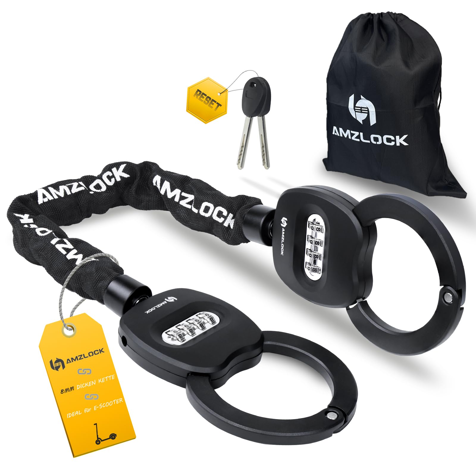 Candado Patinete Electrico, Candado Seguridad con Forma de Esposas, Scooter Eléctrico Antirrobo Bloqueo con Bolsillo, Candado Antirrobo con Cadena de 8mm de Grosor