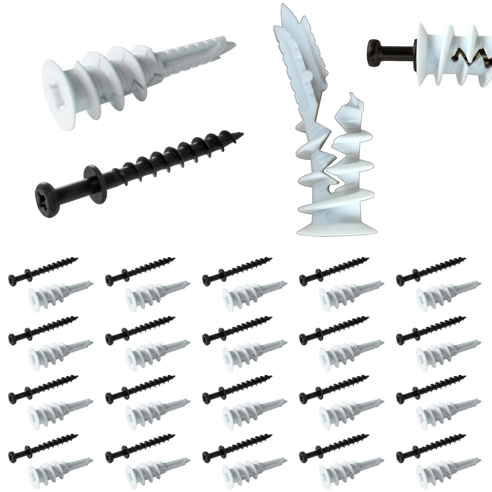 #8 Self Drilling Plastic Drywall Anchors with Bear Claw Screw Hanger kit, 20pcs Self-Tapping Nylon Anchors + 20pcs Double-Headed Wall Picture Hangers Screws for D-Rings, Sawtooth,Wire