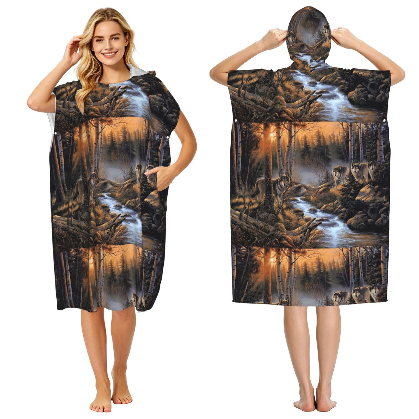 Poadnly Wolf Wildlife, Adult Hooded Beach Towel 90 x 110 cm,Changing Bath Robe, Surf Poncho Towel For Women Men