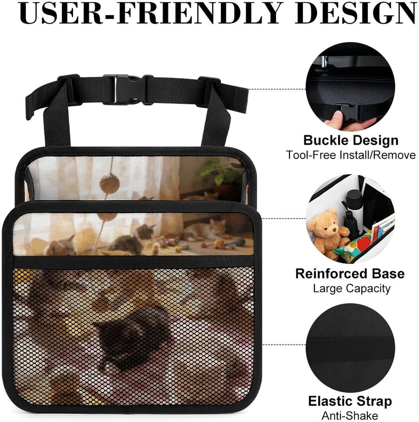 Kitten Party Car Back Seat Organizer Hanging Foldable Backseat Multi-Pocket Car Seat Storage Bag with Adjustable Strap Backseat Car Organizer Universal for Most Cars image 4