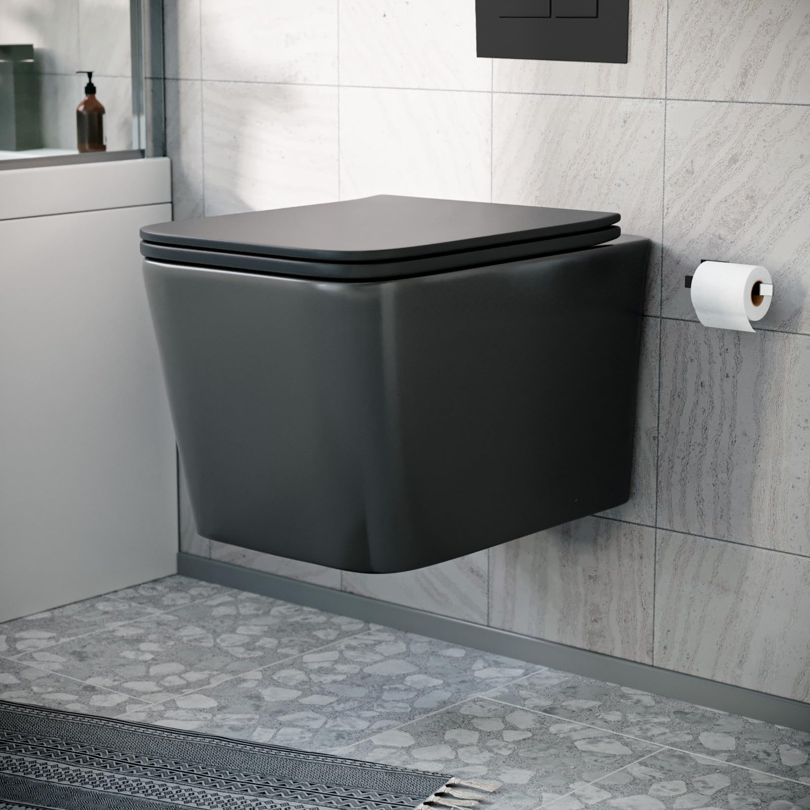Nes Home Modern Matt Black Square Wall Hung Toilet Pan With Soft Close Seat 6042778474618