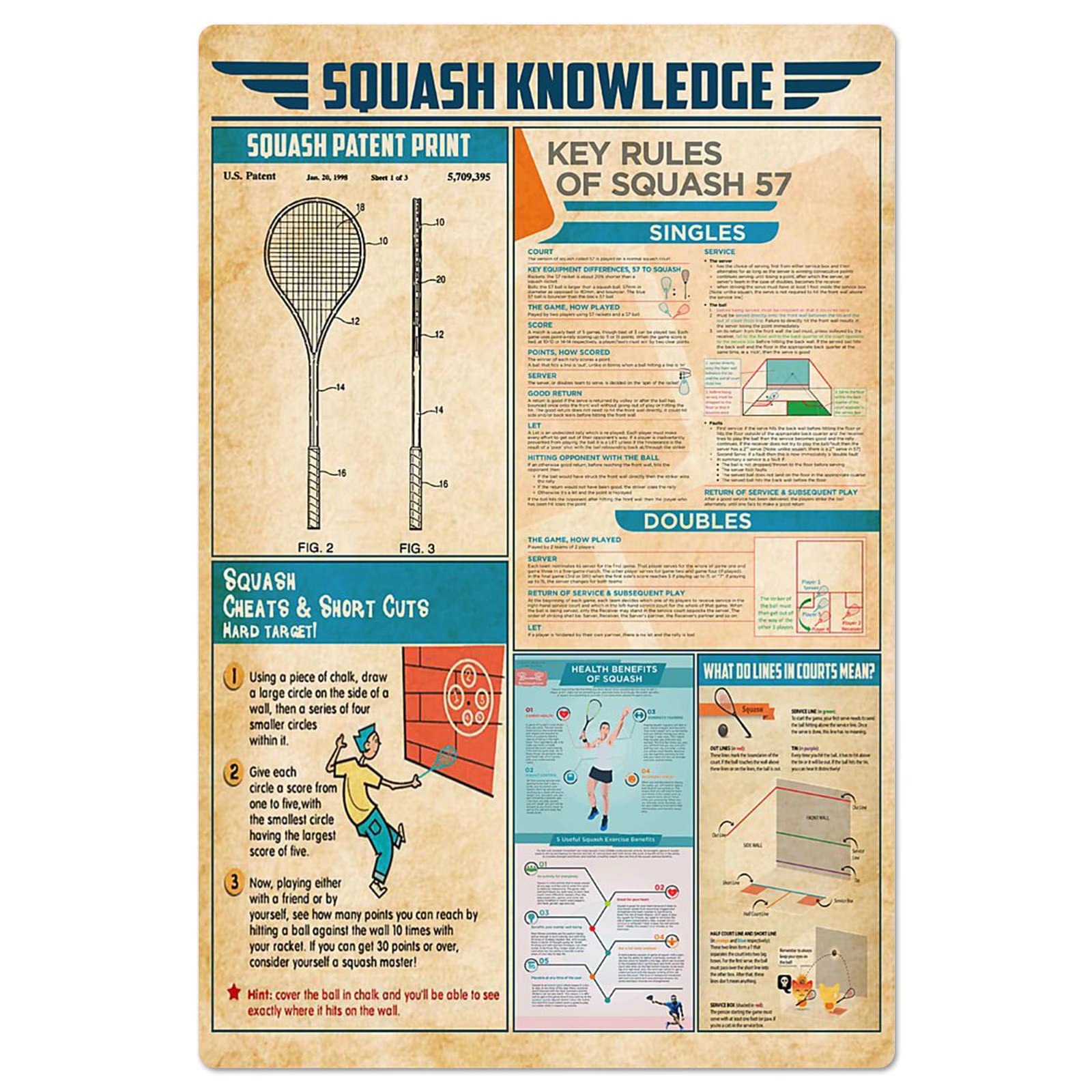 peiyeety Squash Fans Tin Signs Squash Knowledge Science Poster School Bar Club Home Wall Decoration Squash Club Metal Signs Gift 8"x12"