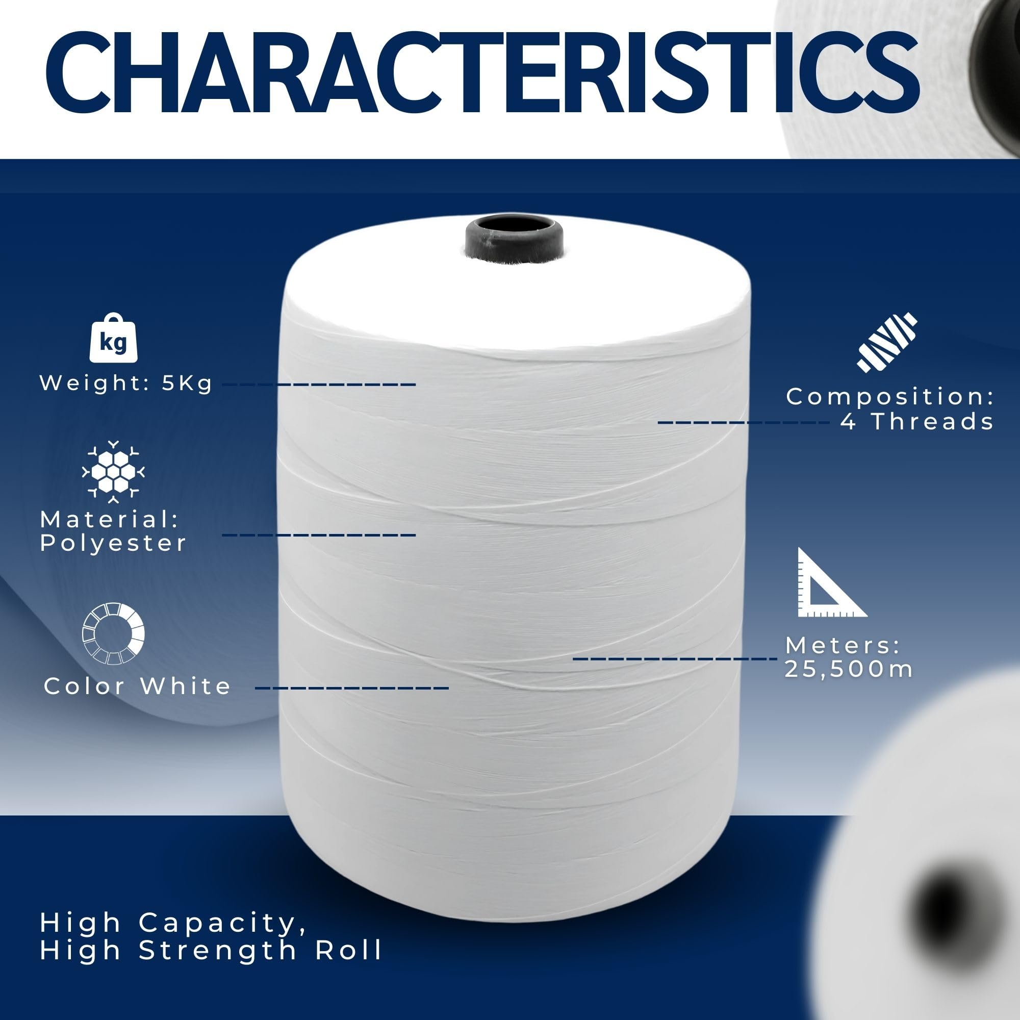 DOJA Barcelona | Bobina para Coser Sacos | 12S/20S 4 Hilos de Coser Maquina de Coser Saco | Bobina 25500m | Blanco | 5kg | Bobina de Hilo Poliester, Alta Resistencia para Maquinas Industriales