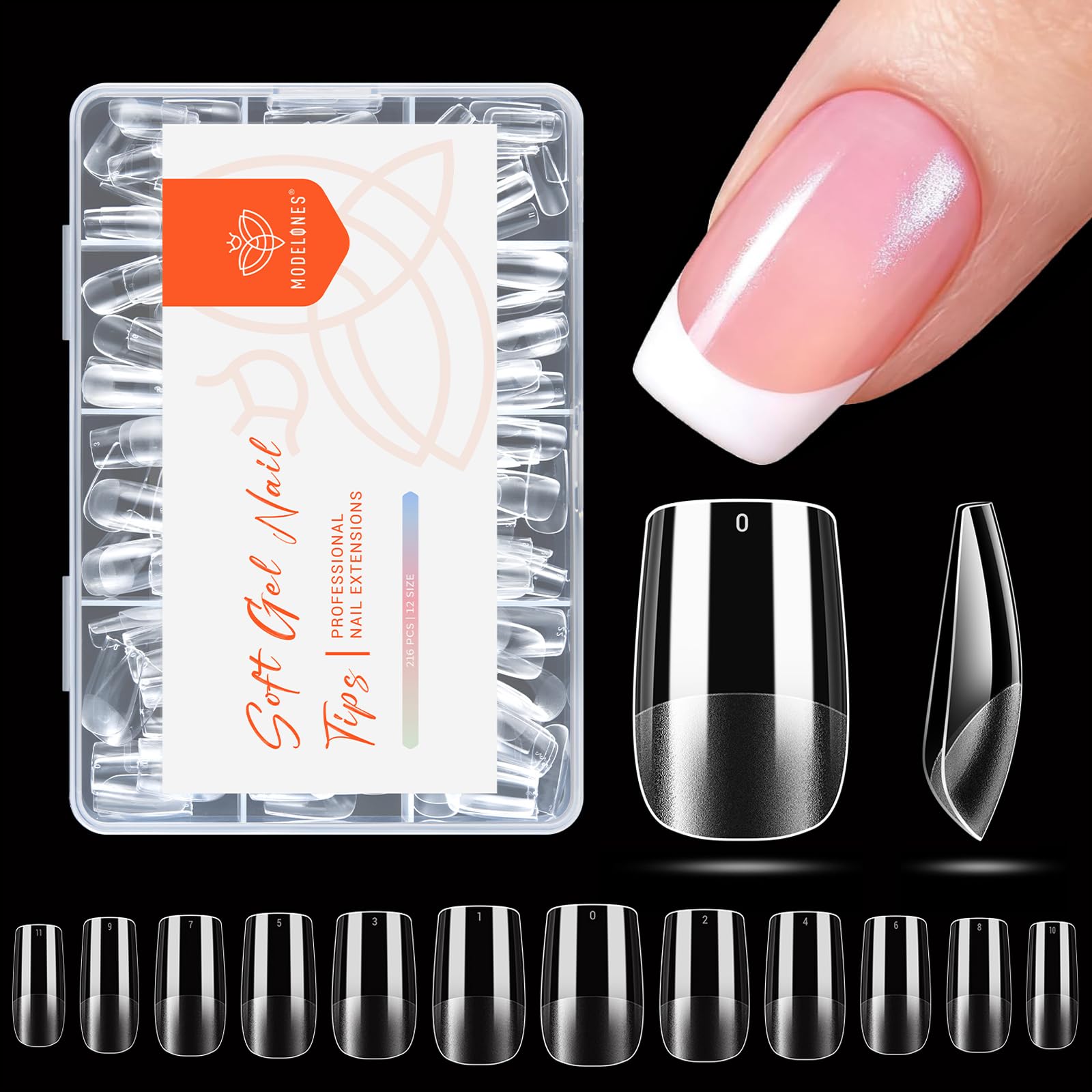 Short Square Nail Tips, Pre-shaped Soft Gel Tips Fake Nails False Acrylic Clear Full Cover Press on Extension Gel Kit Manicure DIY at Home 216PCS 12Sizes