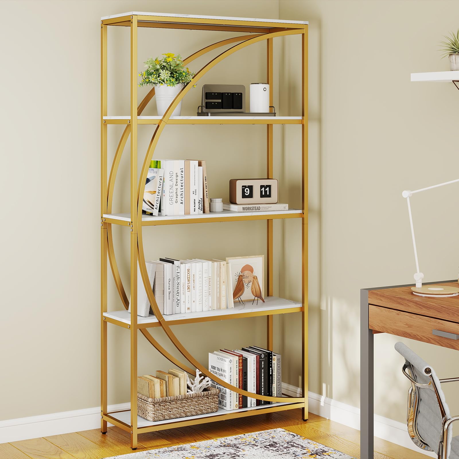GIANTEX 5-stöckiges Bücherregal, freistehendes Lagerregal mit 5 offenen Ablagen, ndustrielles Ausstellungsregal mit Halbmond-Design für Zuhause und Büro, 86 x 30 x 175 cm (Weiß)