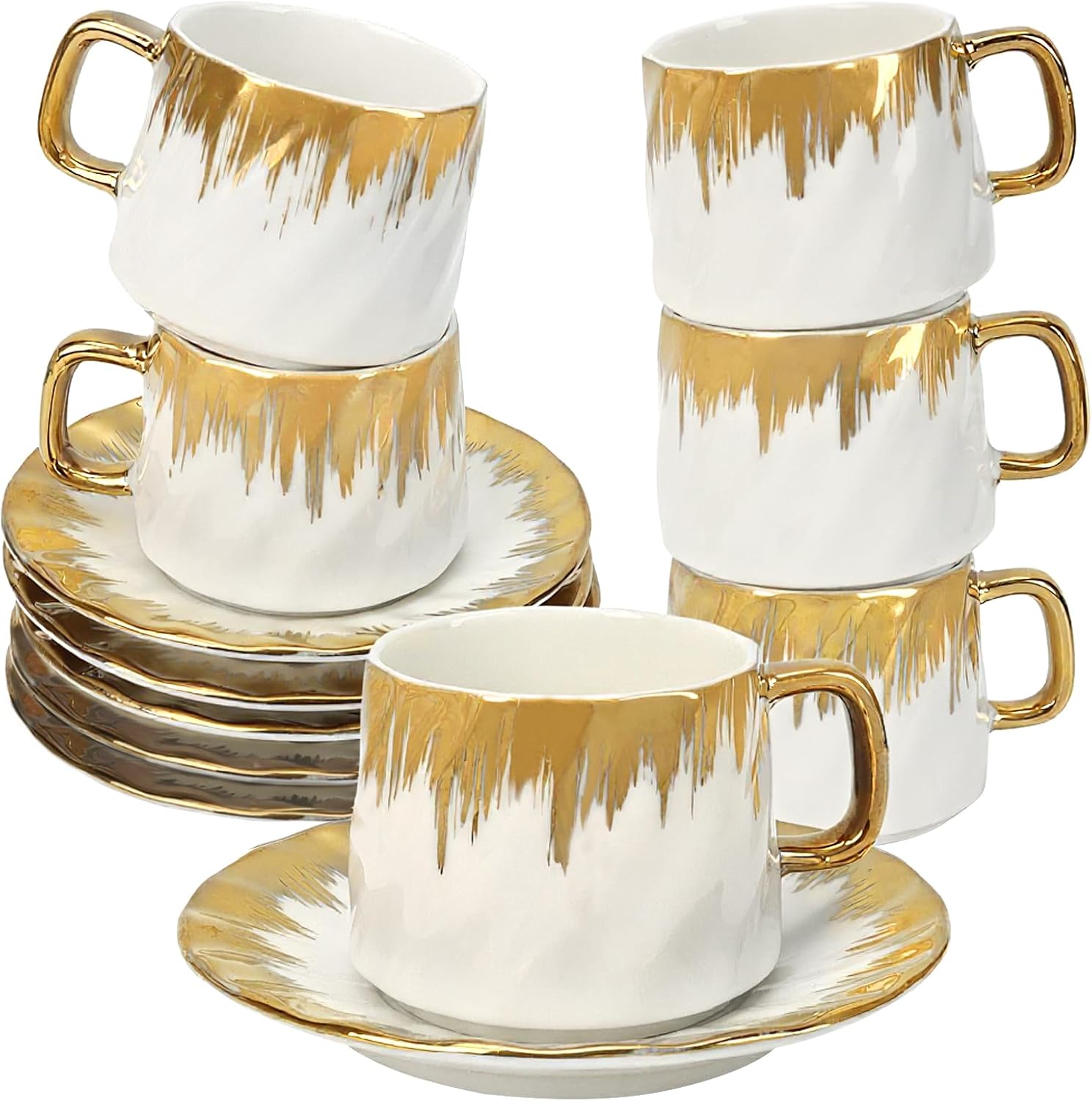 Coffee Cup Set of 6 with Saucers, 3.5 OZ Ceramic Espresso Cups Set, Gold Trim Turkish Coffee Cup Gift for Cappuccino, Latte, Cafe Mocha and Tea, Dishwasher & Microwave Safe