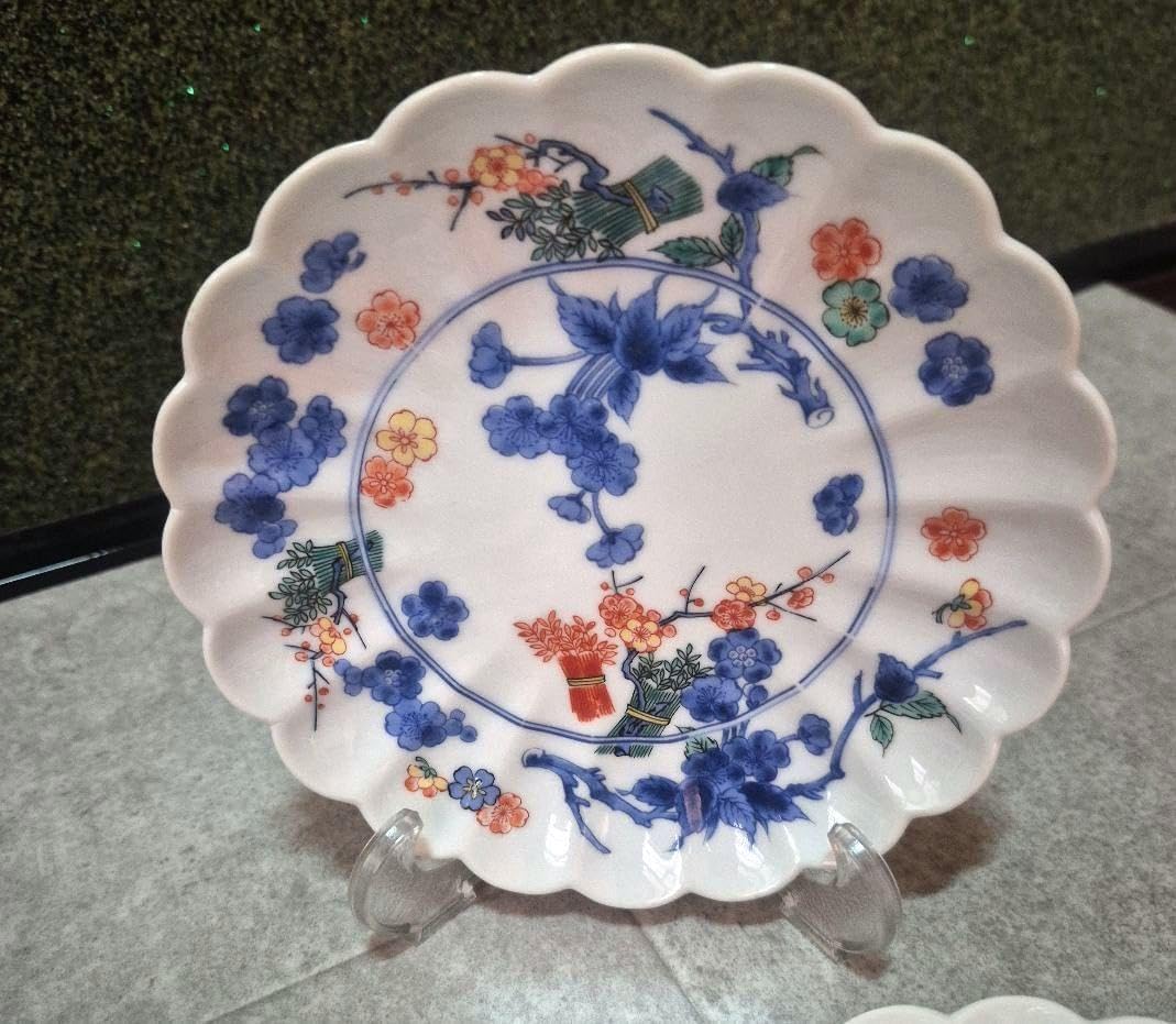 有田焼 古代黄彩 花鳥図 唐草 菊割皿揃 5枚セット 中皿