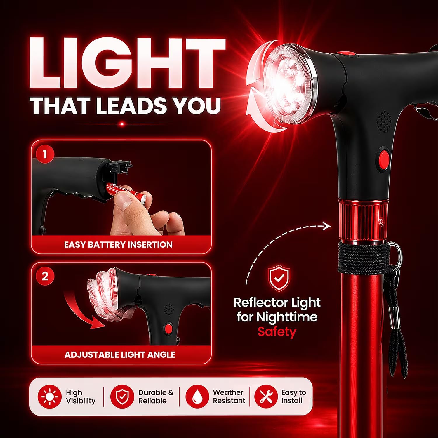 Soulsmart Gehstock mit 2 Griffen, faltbar, mit LED-Licht, Violett