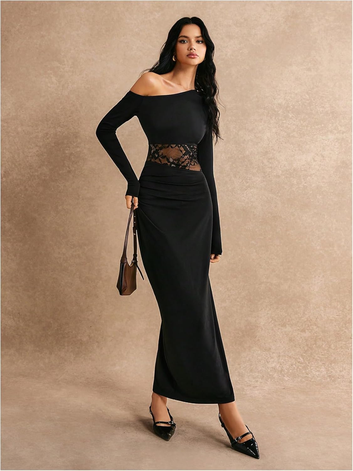 GORGLITTER Women's Lace Asymmetrical Neck Patchwork Maxi Dresses Fall One Shoulder Long Sleeve Vegas Dinner Club Dress - Image 3