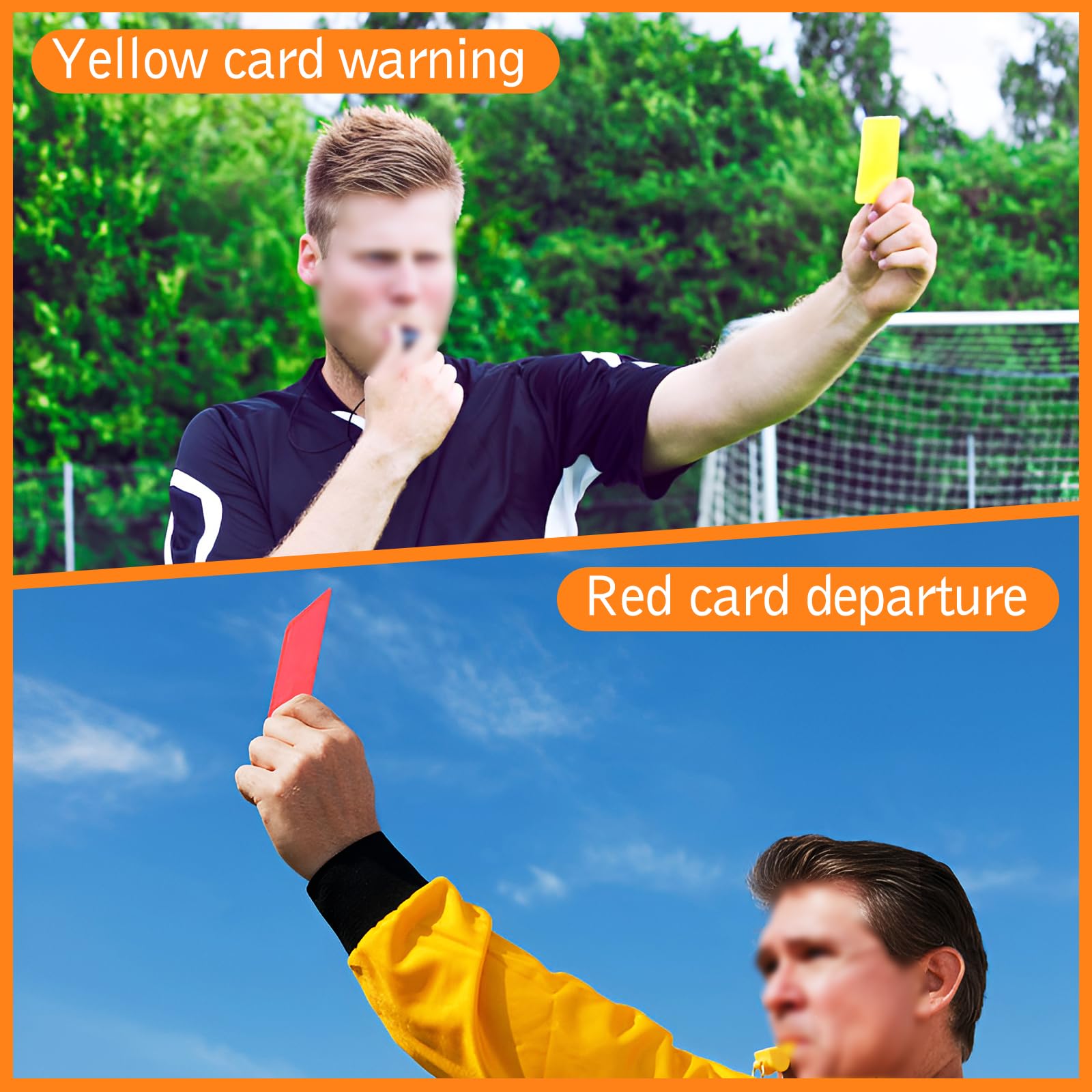 Juego de tarjetas de árbitro de fútbol rojo y amarillo con papeles de registro y hoja de puntuación