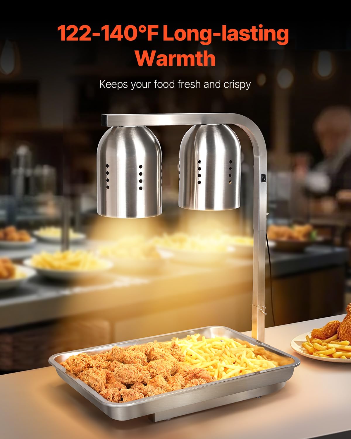 VEVOR Food Heat Lamp, 500W Bulbs, Commercial Food Warmer Light, Electric Stainless Steel French Fry Heating Lamp, Free-Standing, Catering Food Warming Equipment for Kitchen Buffet Restaurant, Silver