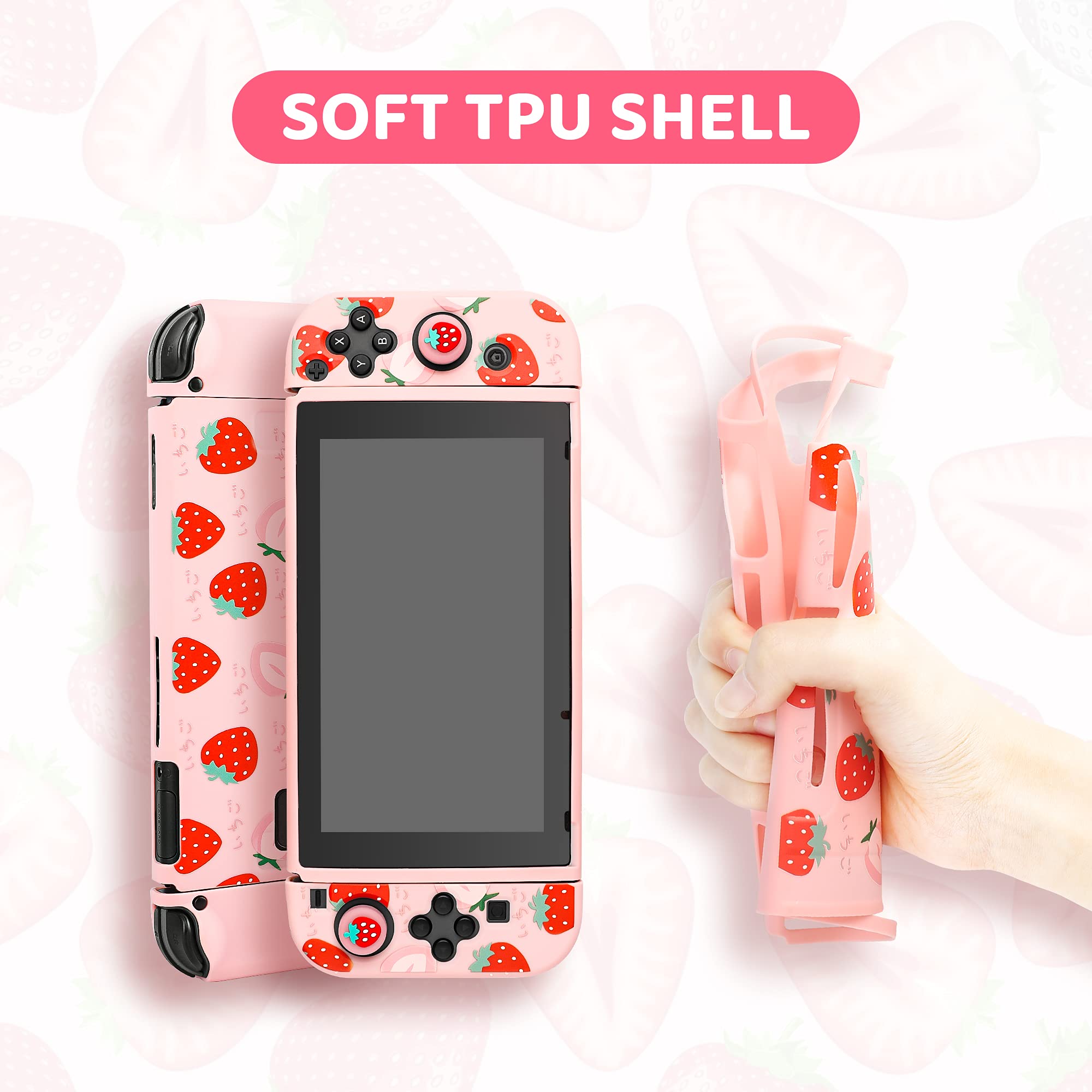 FANPL Pochette coque pour Nintendo Switch, joli ensemble d'accessoires pour Switch avec étui de voyage rigide, coque en TPU souple, sangle réglable, protection d'écran, Joystick (fraise rose)