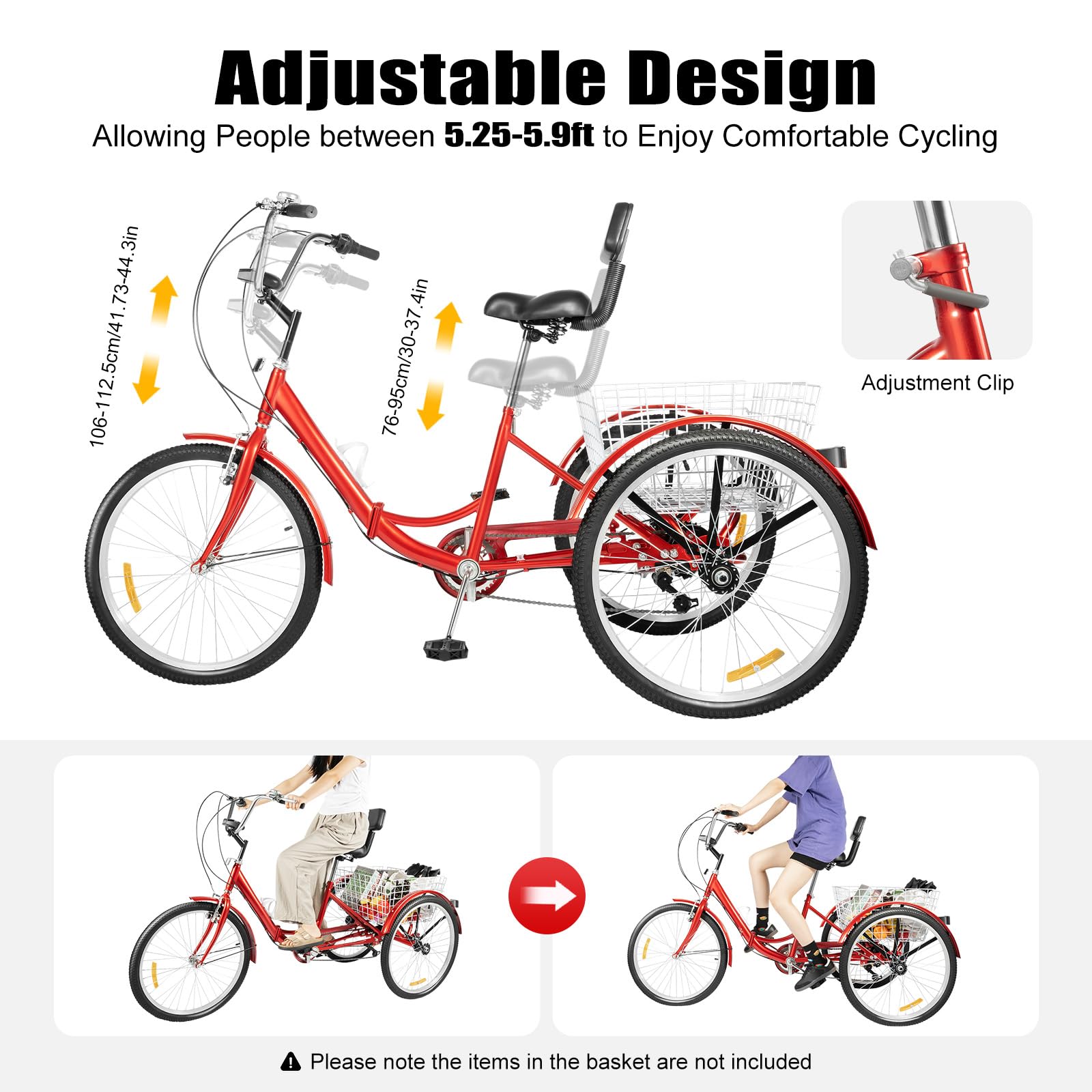 Triciclo da 24 Pollici per Adulti, a 7 Marce, Triciclo Pieghevole con Schienale e Cestino, 3 Ruote, Bici 24 Pollici con Luce, Bicicletta Pieghevole Adulto per Sport all'aria Aperta, Shopping